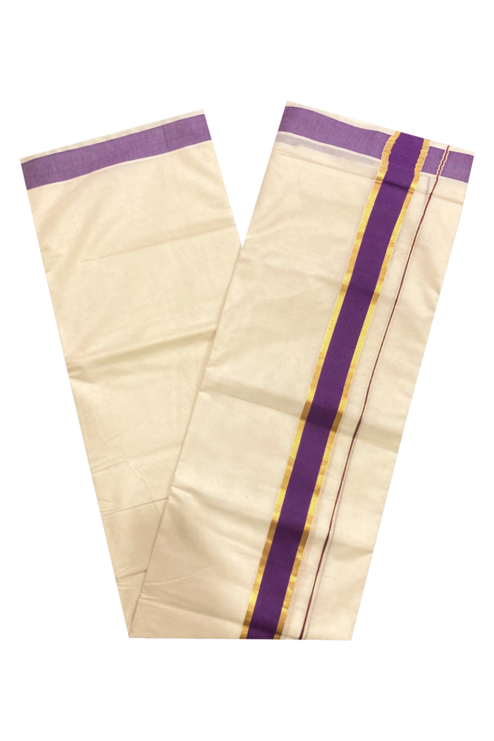 Pure Cotton Off White Double Mundu with Violet and Kasavu Border (South Indian Dhoti)