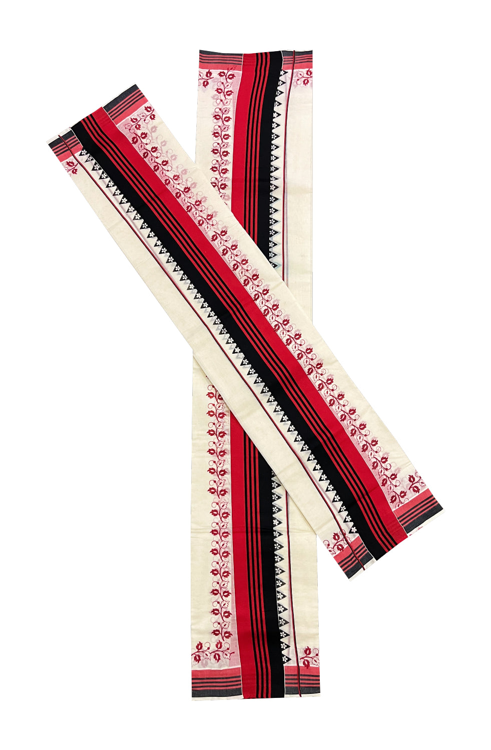 Kerala Cotton Set Mundu (Mundum Neriyathum) with Floral Prints on Black Red Border