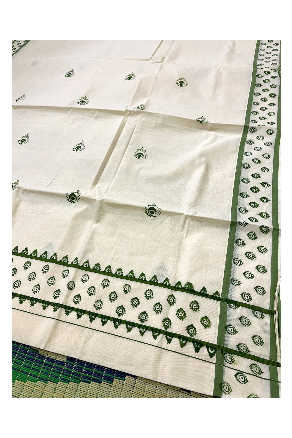 Pure Cotton Off White Kerala Saree with Green Block Print Border (Vishu Saree 2023)