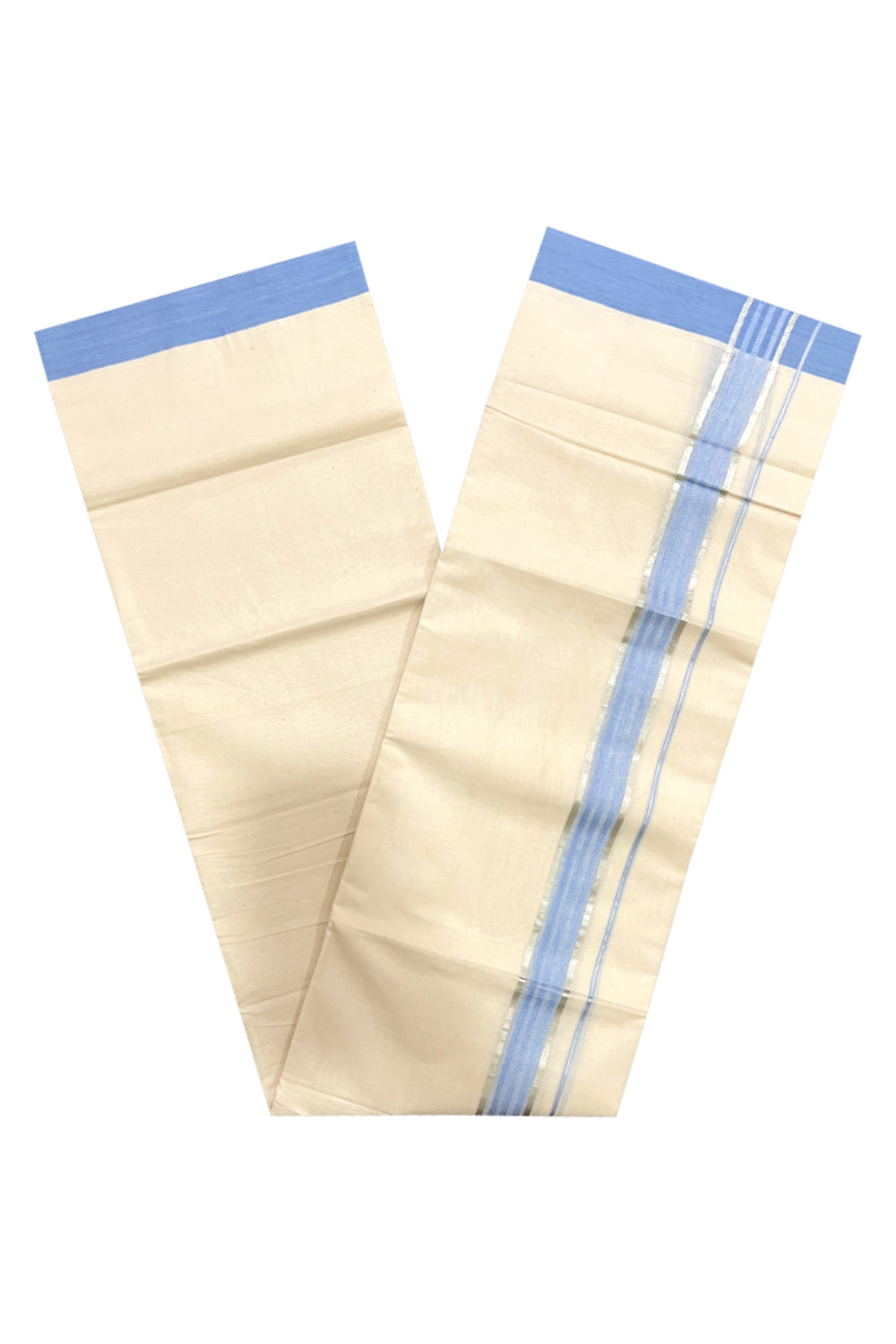 Pure Cotton Off White Double Mundu with Silver Kasavu and Blue Border (South Indian Dhoti)