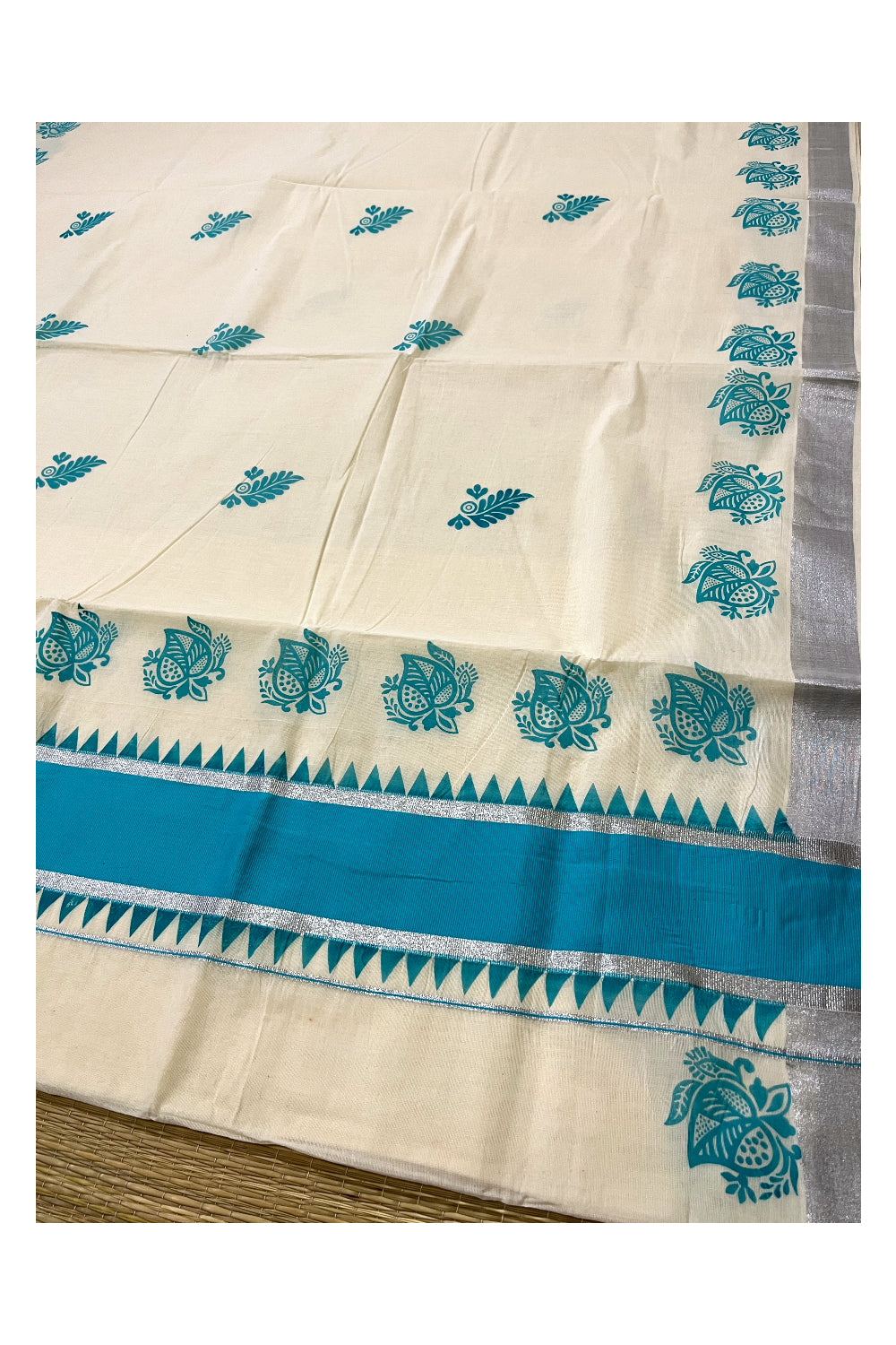 Pure Cotton Kerala Saree with Turquoise Leaf Block Prints and Silver Kasavu Temple Border (Vishu Saree 2023)