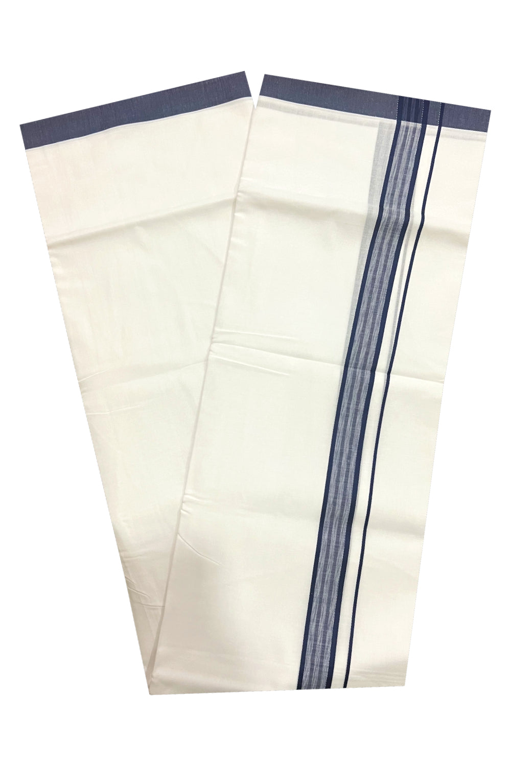 Pure White Cotton Double Mundu with Navy Blue Border (South Indian Dhoti)