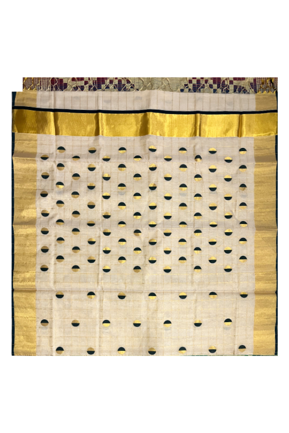 Southloom Premium Handloom Tissue Check Design Green and Golden Polka Work Saree