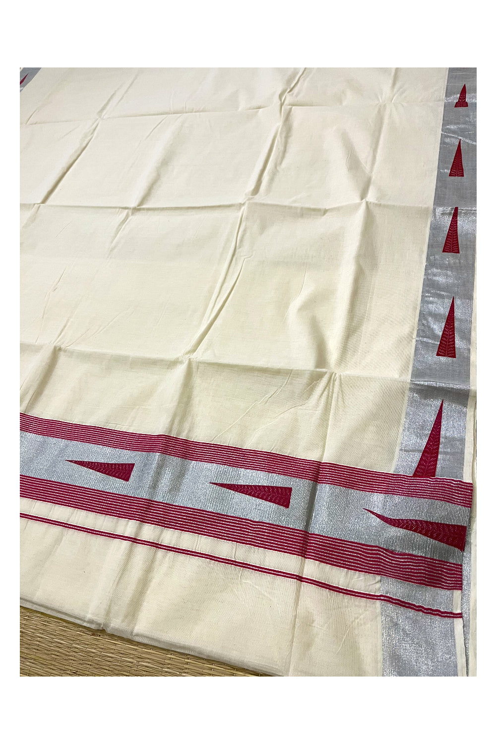 Pure Cotton Kerala Silver Kasavu and Magenta Border Saree with Block Prints