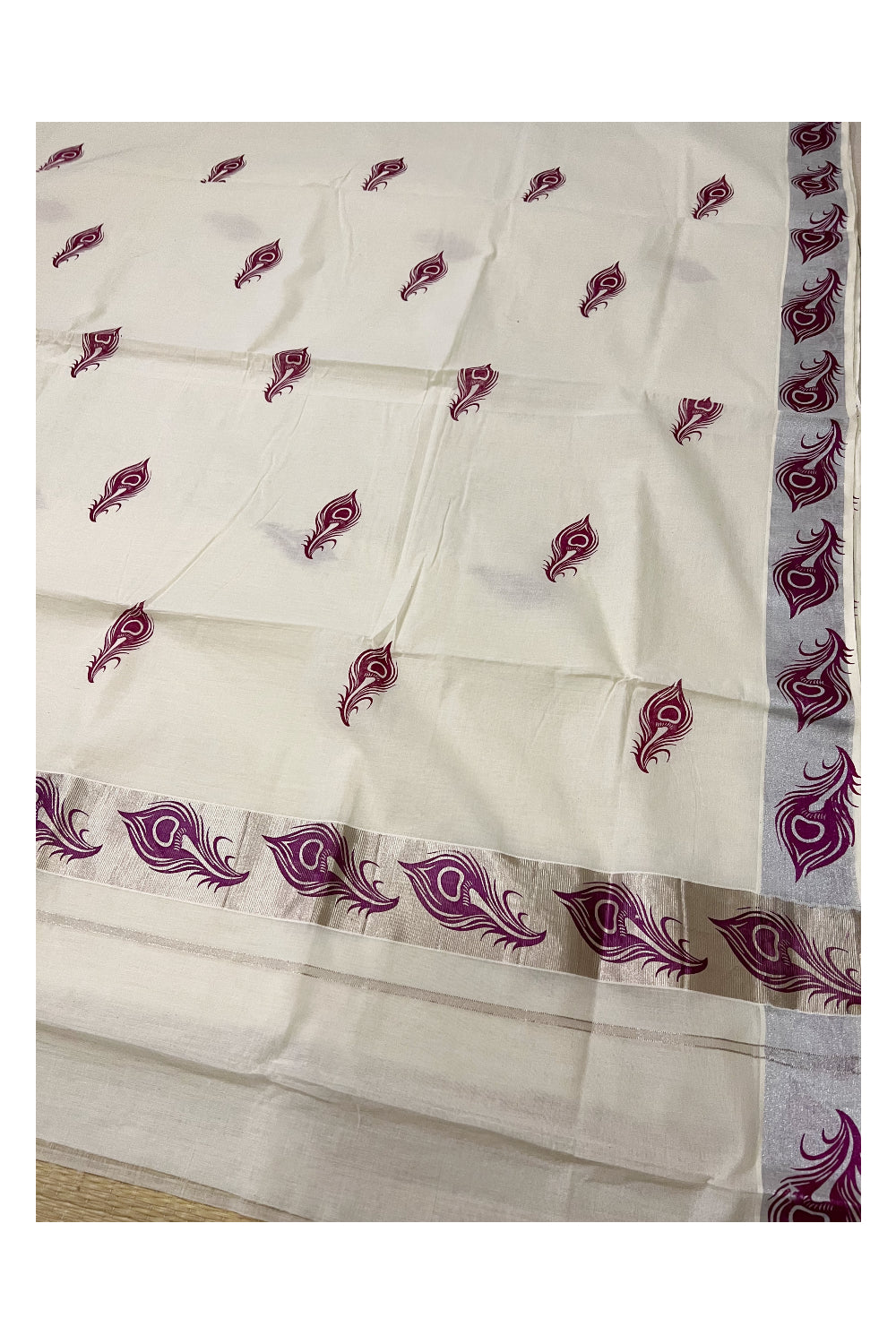 Pure Cotton Kerala Saree with Dark Magenta Feather Block Prints on Silver Border and Pallu