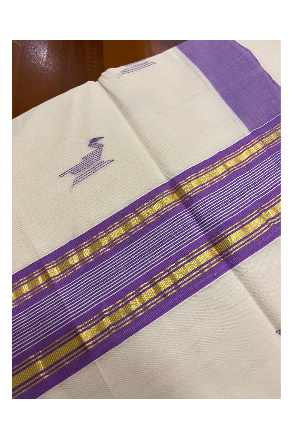 Southloom Balaramapuram Unakkupaavu Handloom Saree with Kasavu Violet Pallu and Butta Works on Body