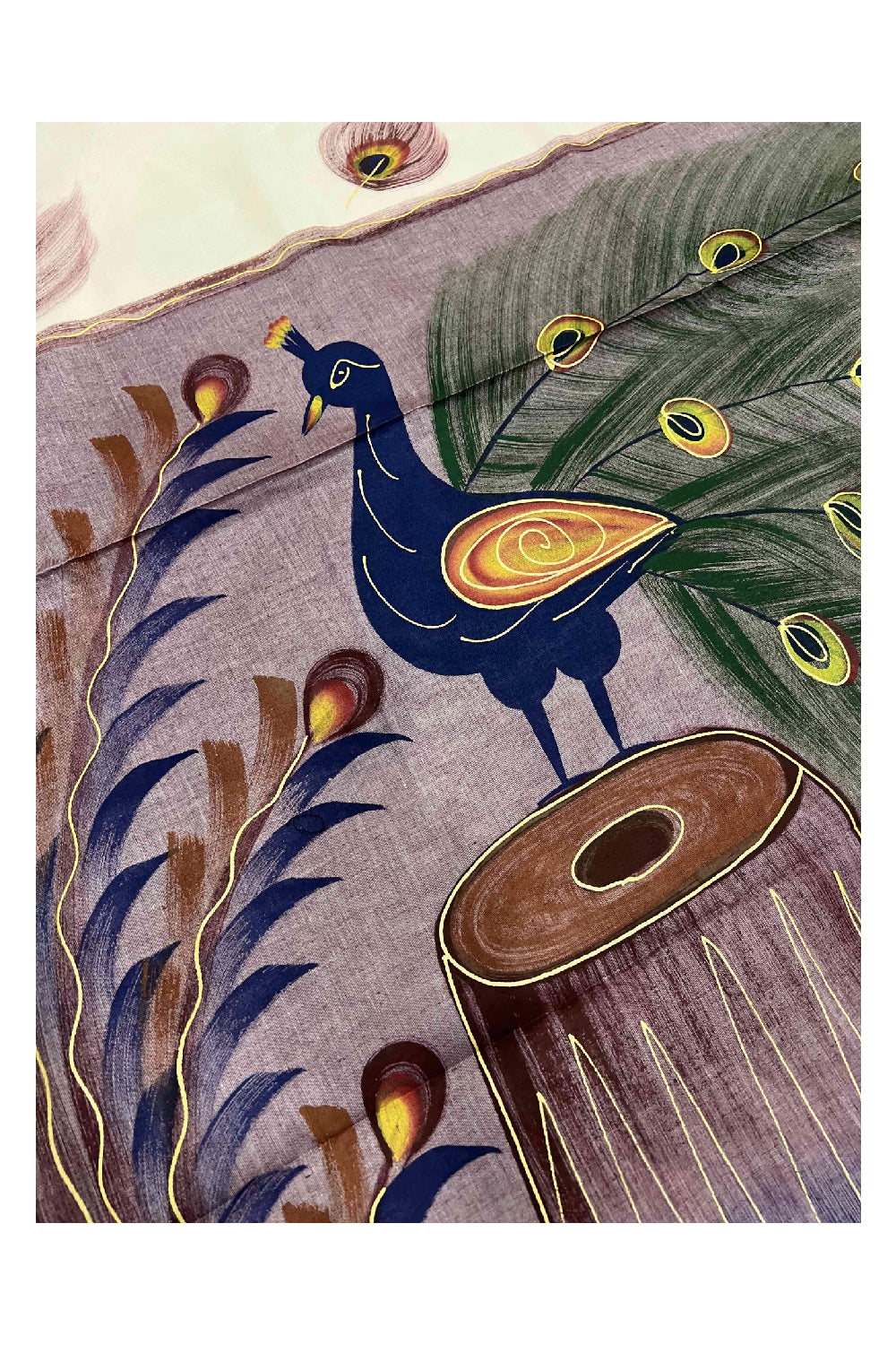 Southloom Maroon Handpainted Mural Kerala Kasavu Saree with Peacock Art