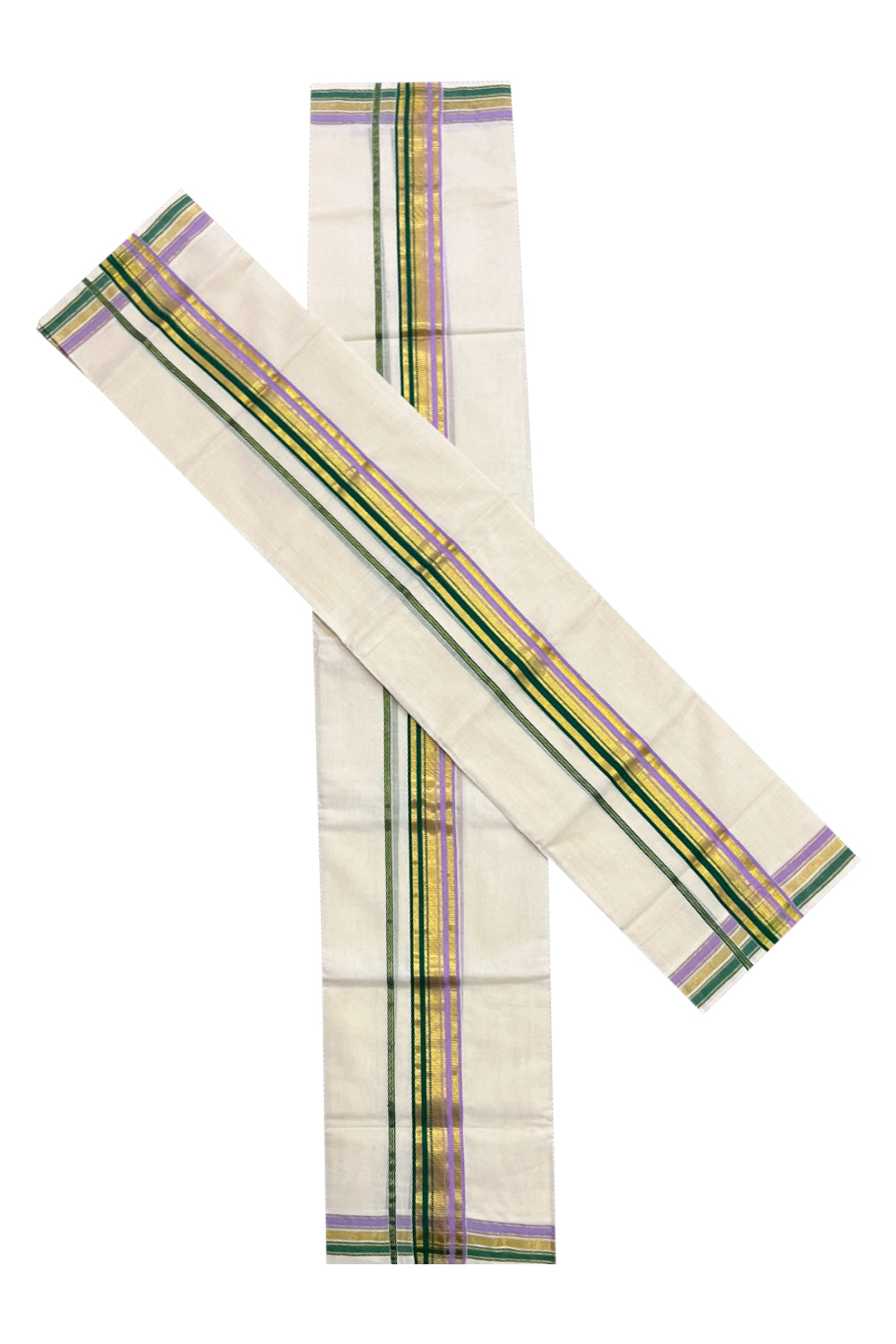 Pure Cotton Handloom Premium Kasavu Set Mundu (Mundu Neriyathum) with Green and Violet Border 2.80 Mtrs