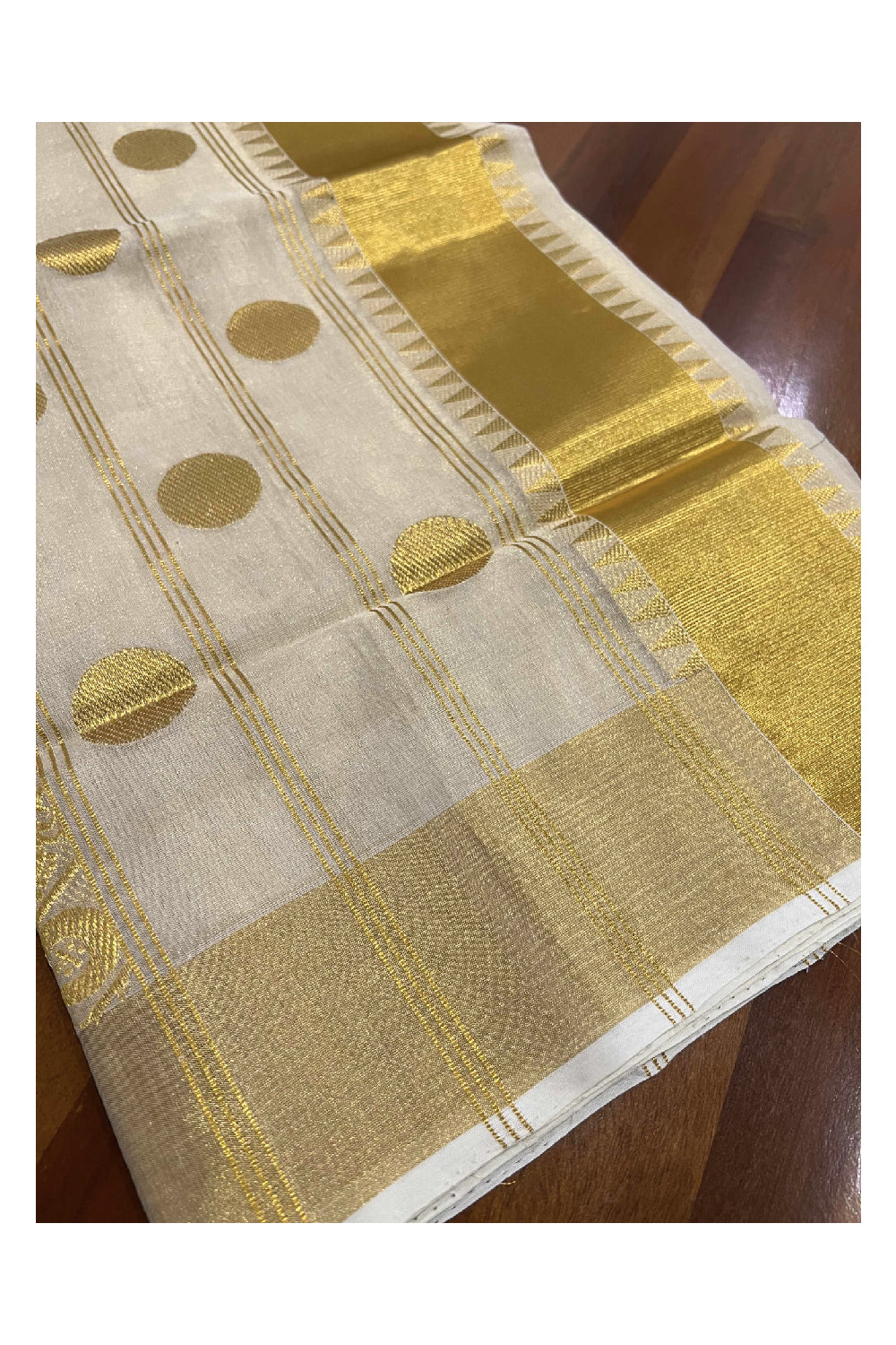 Southloom™ Original Handloom Kasavu Tissue Heavy Work Saree with Handwoven Polka Dots work