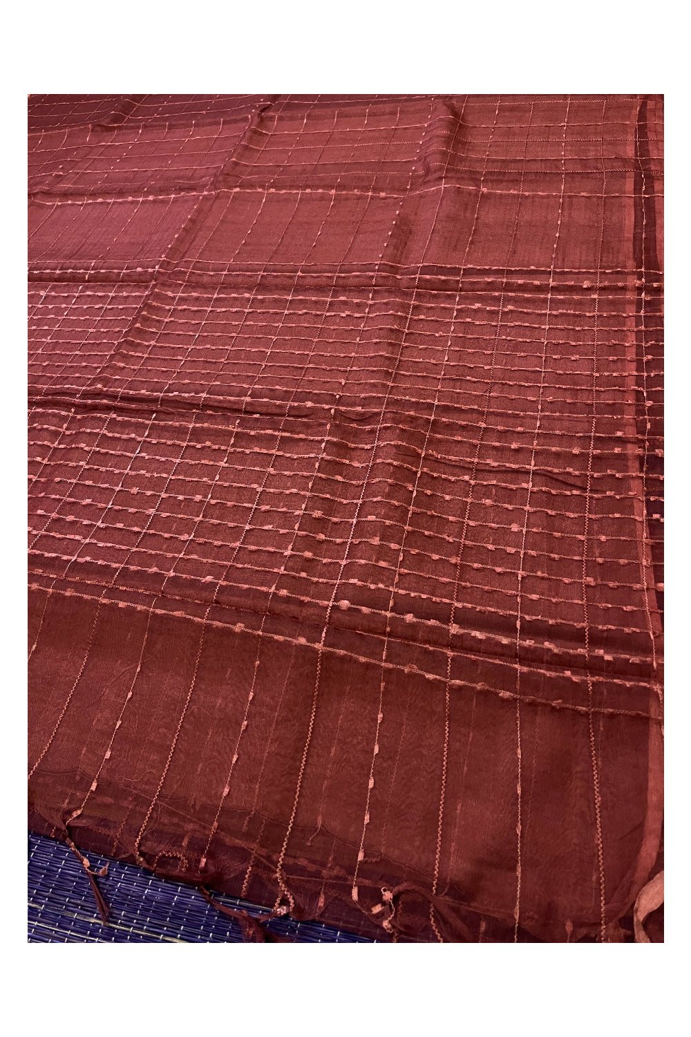 Southloom Organza Check Design Maroon Saree with Tassels Works