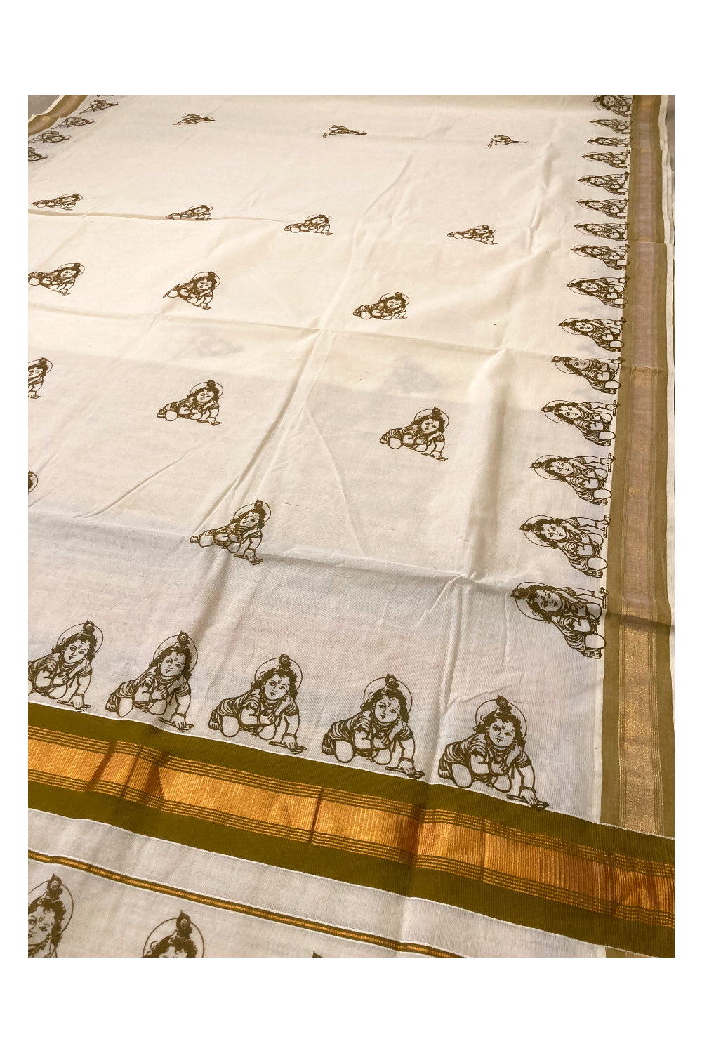 Pure Cotton Kerala Saree with Brown Krishna Block Printed Design and Kasavu Border