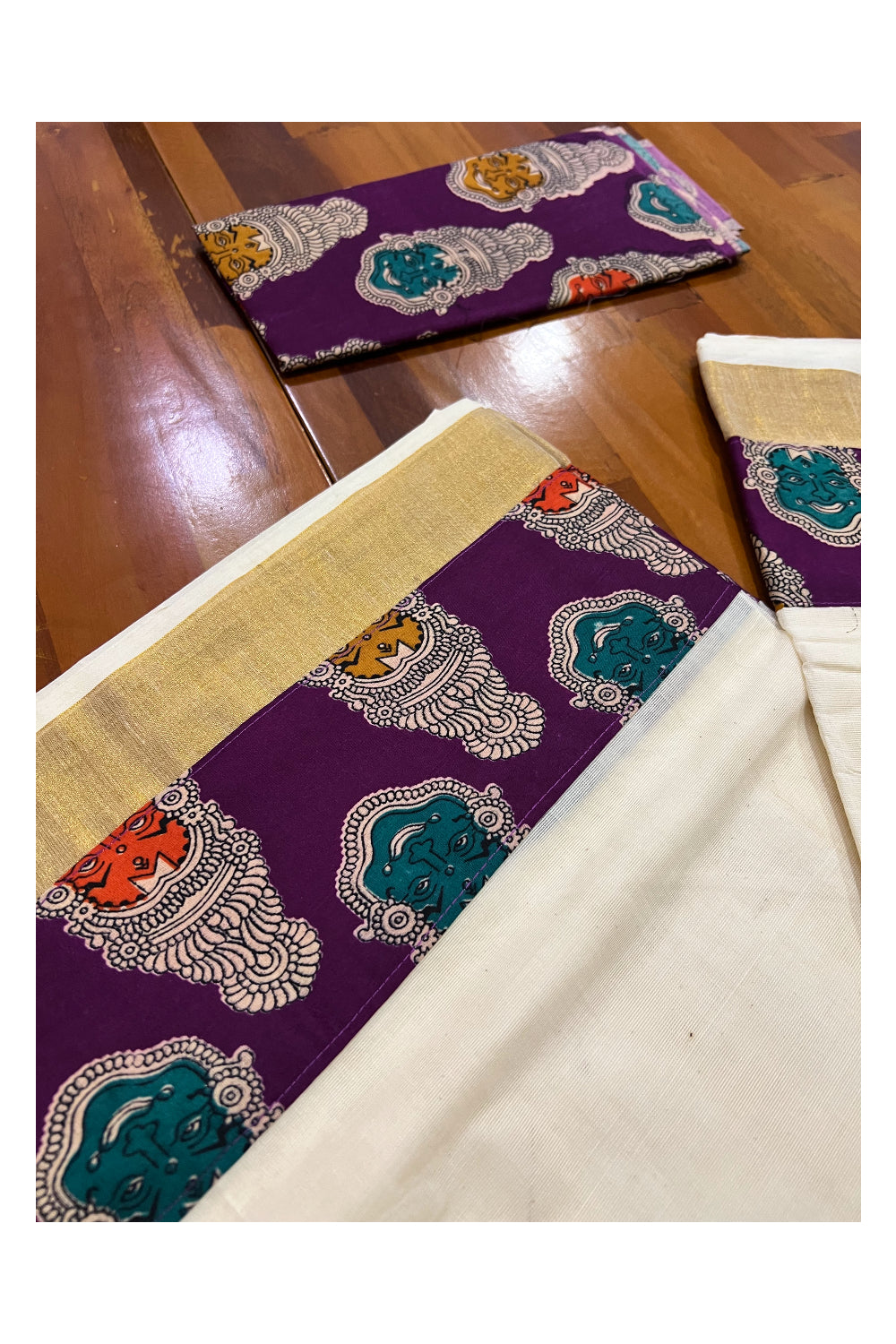 Pure Cotton Fusion Art Kerala Saree with Kathakali Patterns on Purple and Separate Blouse Piece