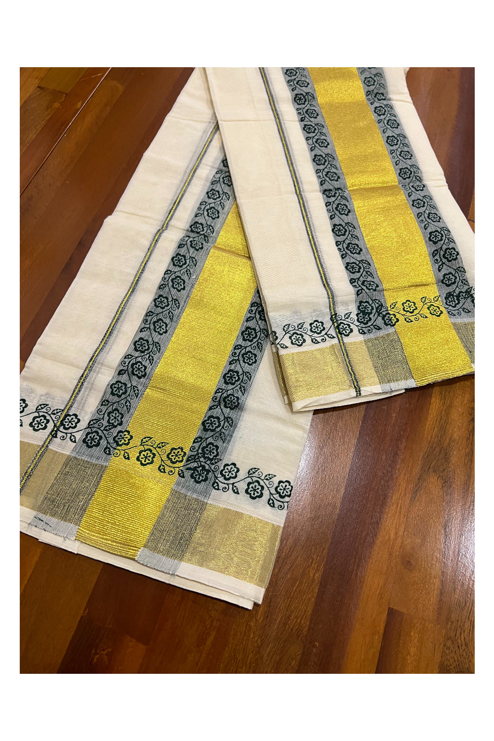 Pure Cotton Kasavu Set Mundu (Mundum Neriyathum) with Dark Green Floral Block Prints on Border