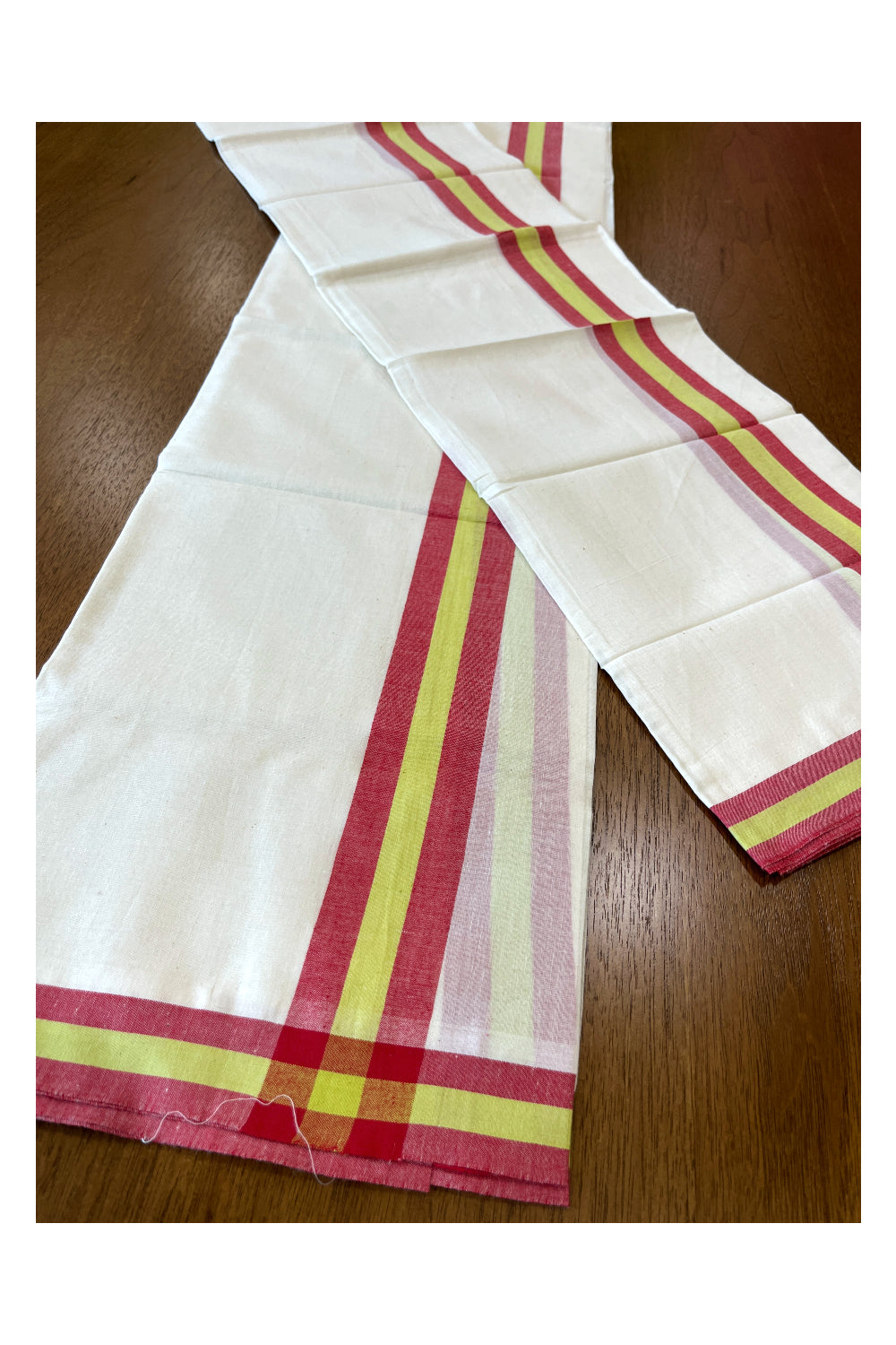 Kerala Cotton Mulloth Mundum Neriyathum Single (Set Mundu) with Red and Green Border (Extra Soft Cotton) 2.80 Mtrs