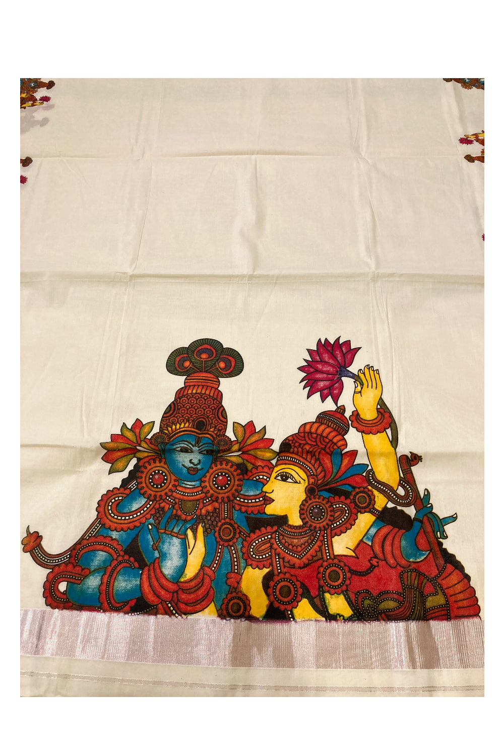 Pure Cotton Kerala Saree with Krishna Radha Mural Prints and Silver Border