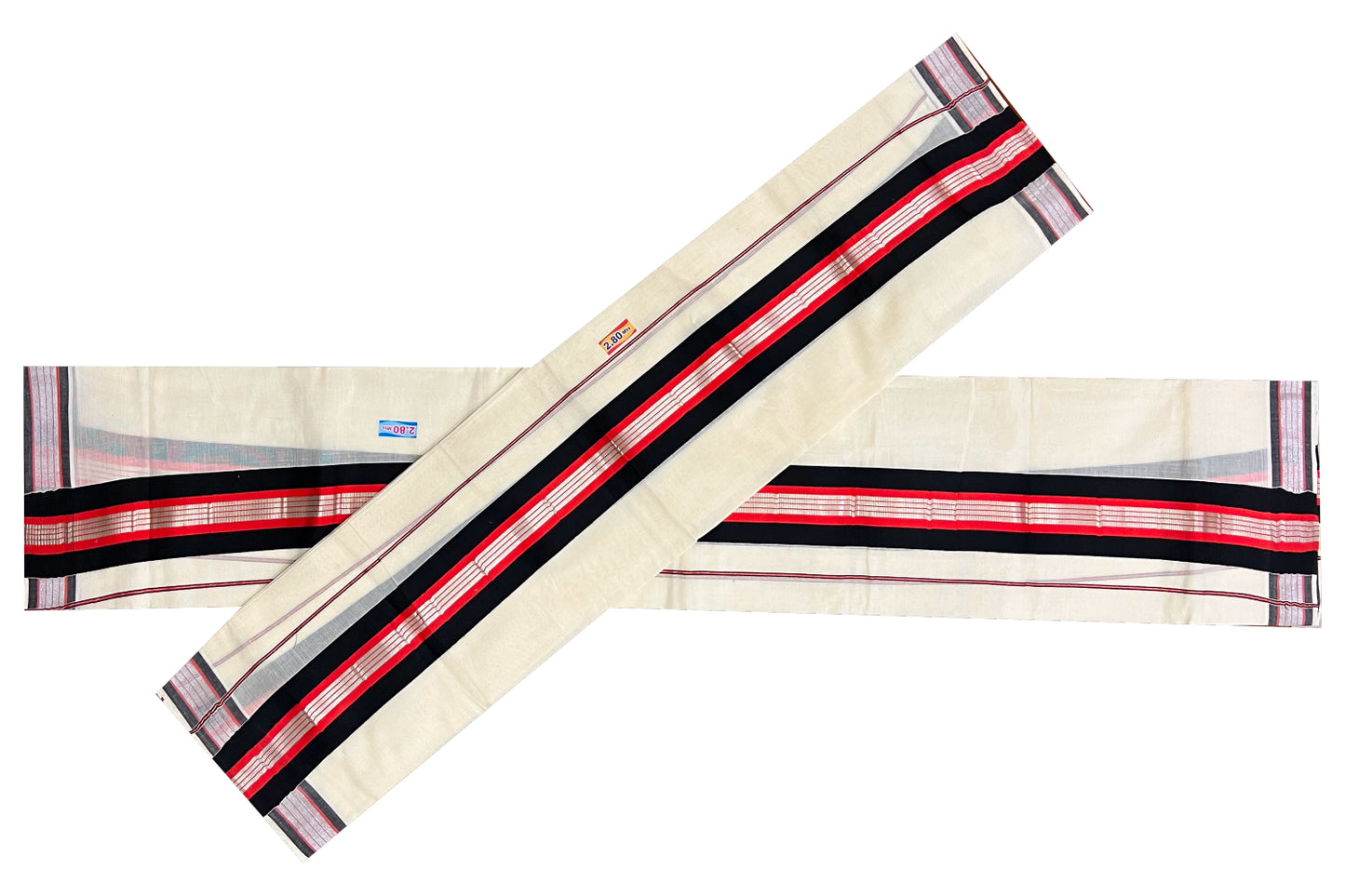 Pure Cotton Mundum Neriyathum Single (Set Mundu) with Silver Kasavu Black and Red Border 2.80 Mtrs