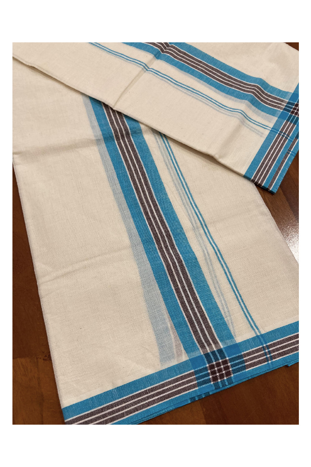 Kerala Cotton Mundum Neriyathum Single (Set Mundu) with Mulloth Design Blue and Brown Border (Extra Soft Cotton)