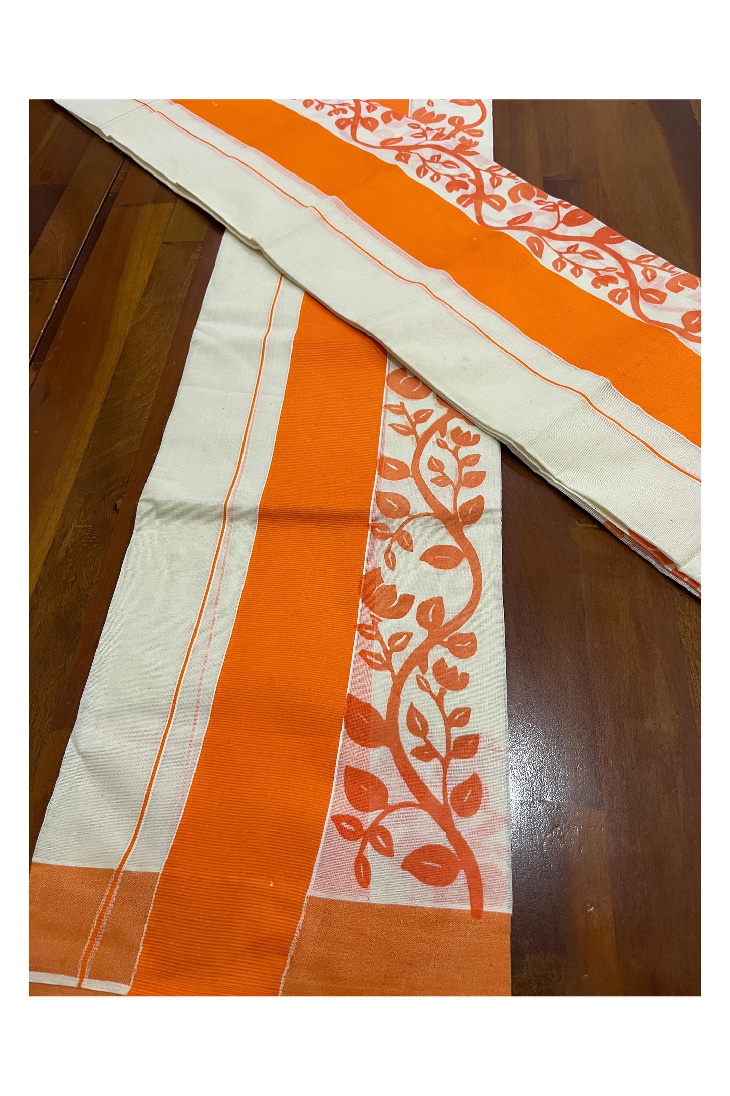 Southloom Original Design Single Set Mundu (Mundum Neriyathum Vishu 2023) with Orange Floral Vines Block Prints 2.80 Mtrs