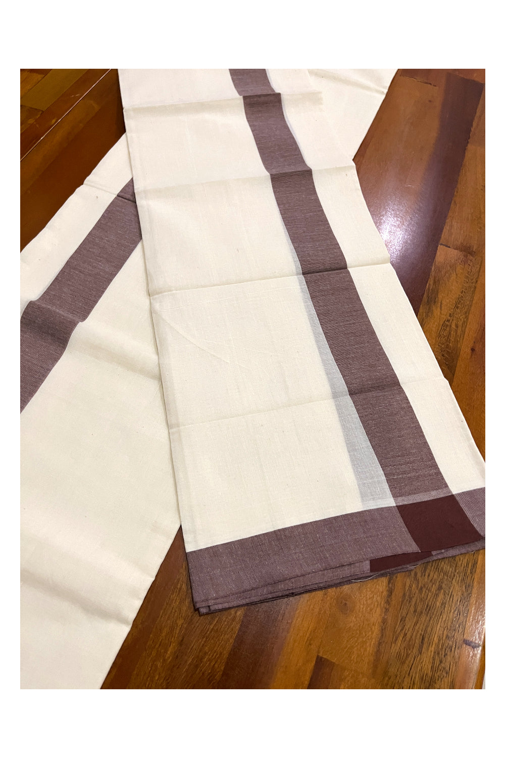 Kerala Cotton Mulloth Mundum Neriyathum Single (Set Mundu) with Brown Border (Extra Soft Cotton) 2.80 Mtrs