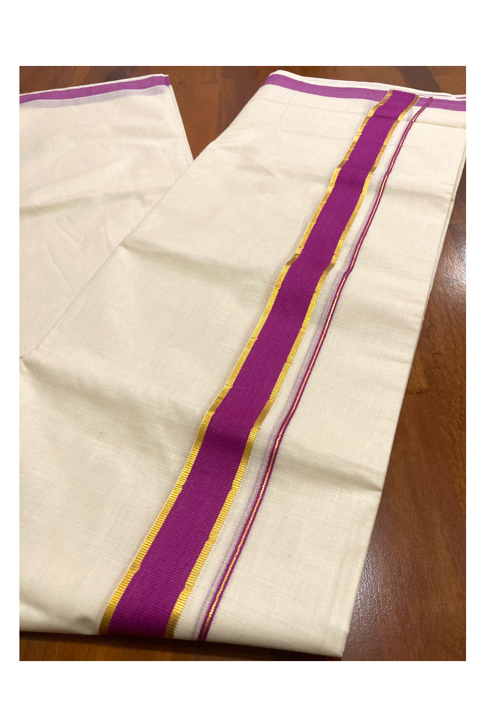 Off White Pure Cotton Double Mundu with Kasavu and Magenta Border (South Indian Kerala Dhoti)