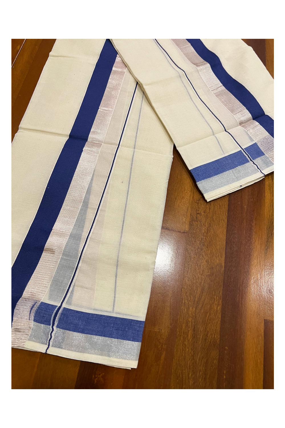 Pure Cotton Kerala Single Set Mundu (Mundum Neriyathum) with Blue and Silver Kasavu Border 2.80 Mtrs