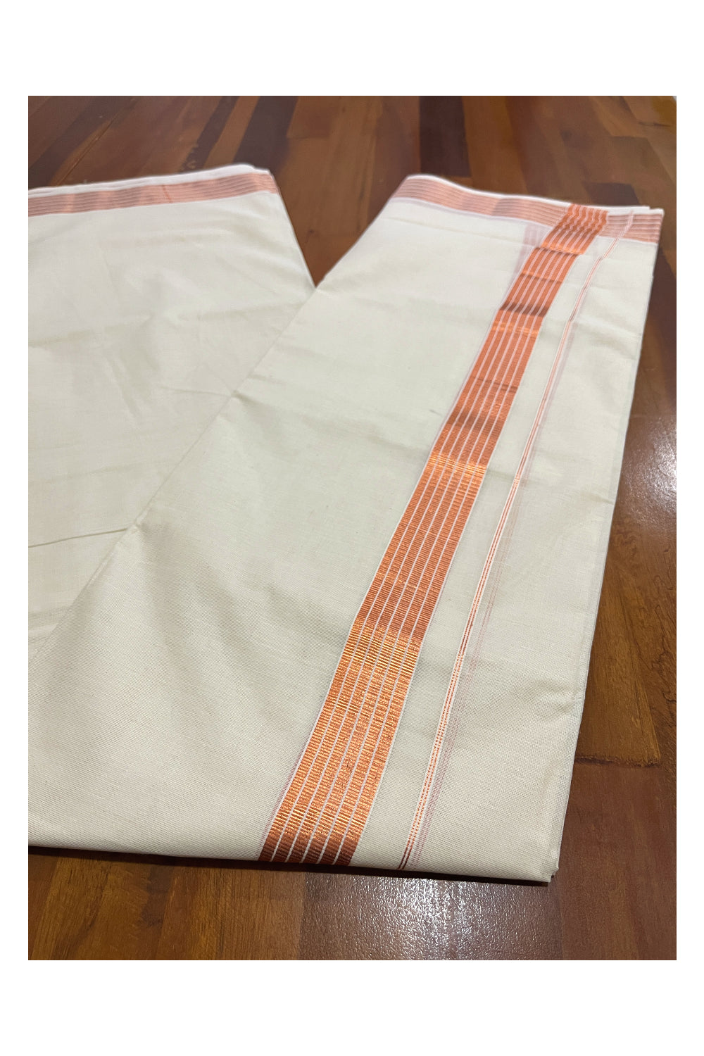 Off White Pure Cotton Double Mundu with Copper Kasavu Kara (South Indian Dhoti)