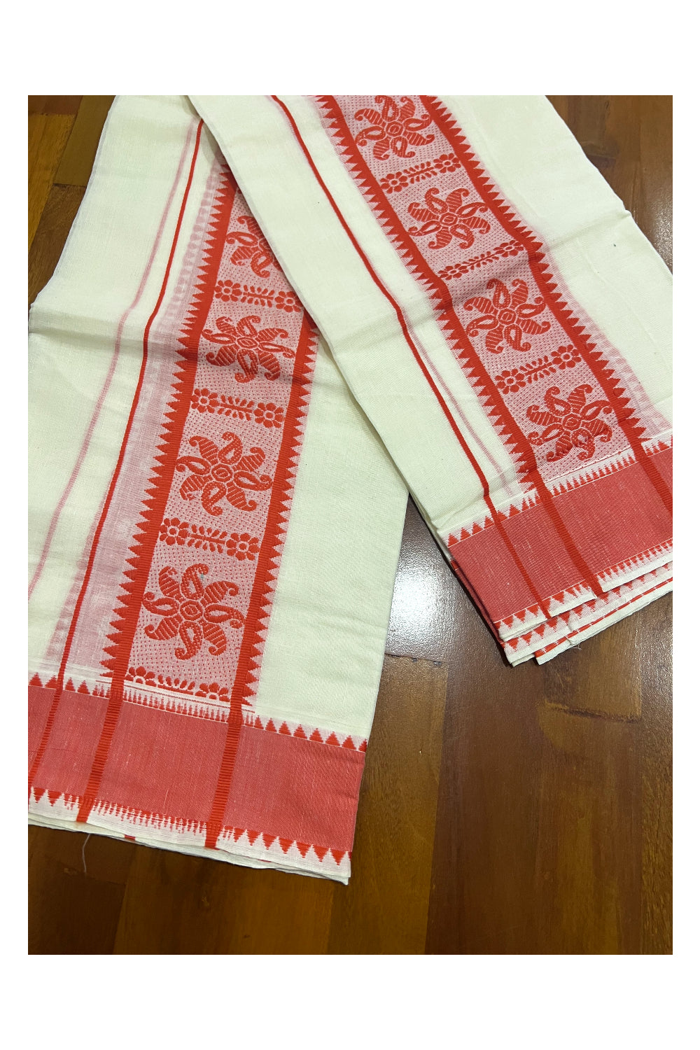 Kerala Cotton Mundum Neriyathum Single (Set Mundu) with Orange Floral Temple Woven Border 2.80 Mtrs