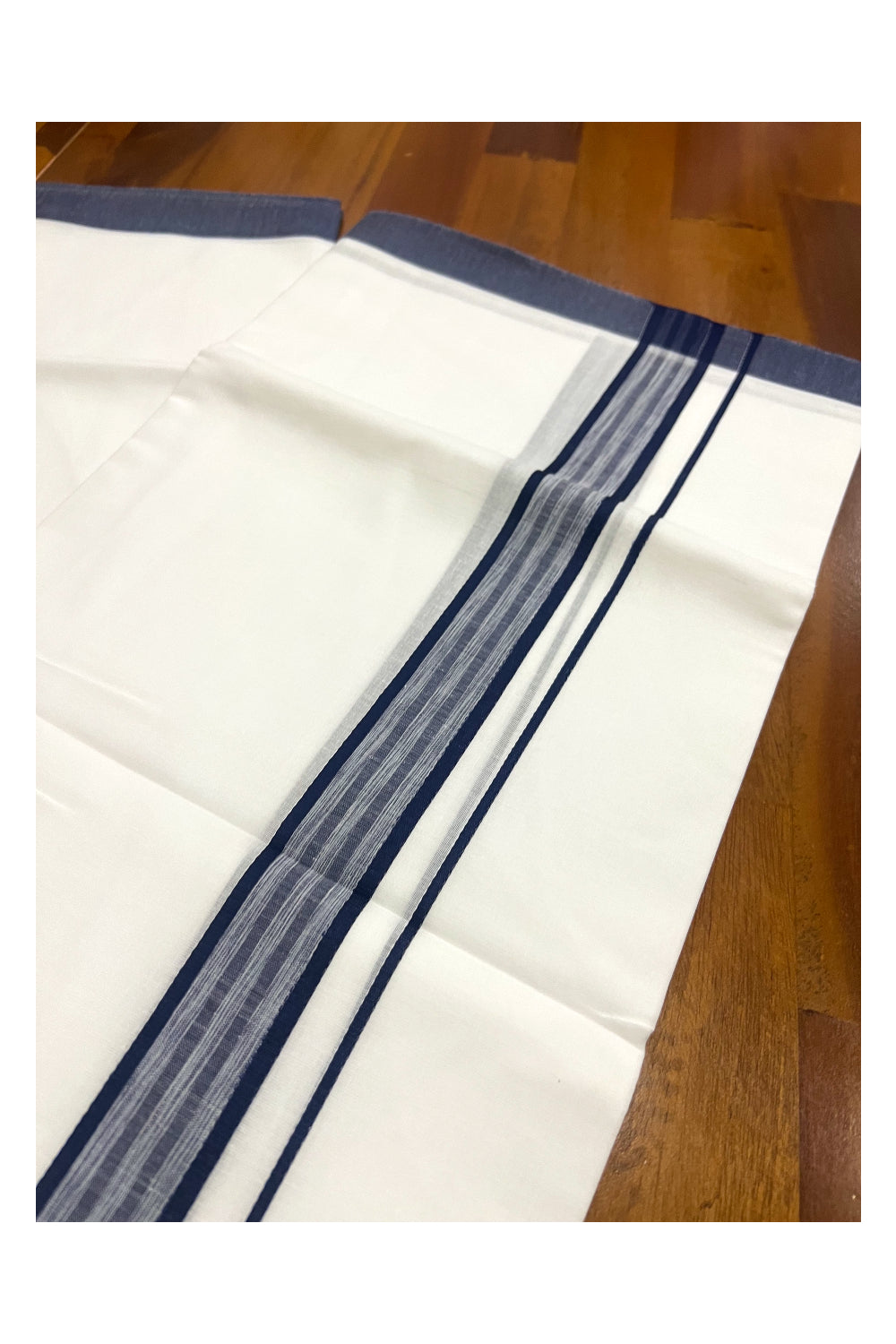 Pure White Cotton Double Mundu with Navy Blue Border (South Indian Dhoti)