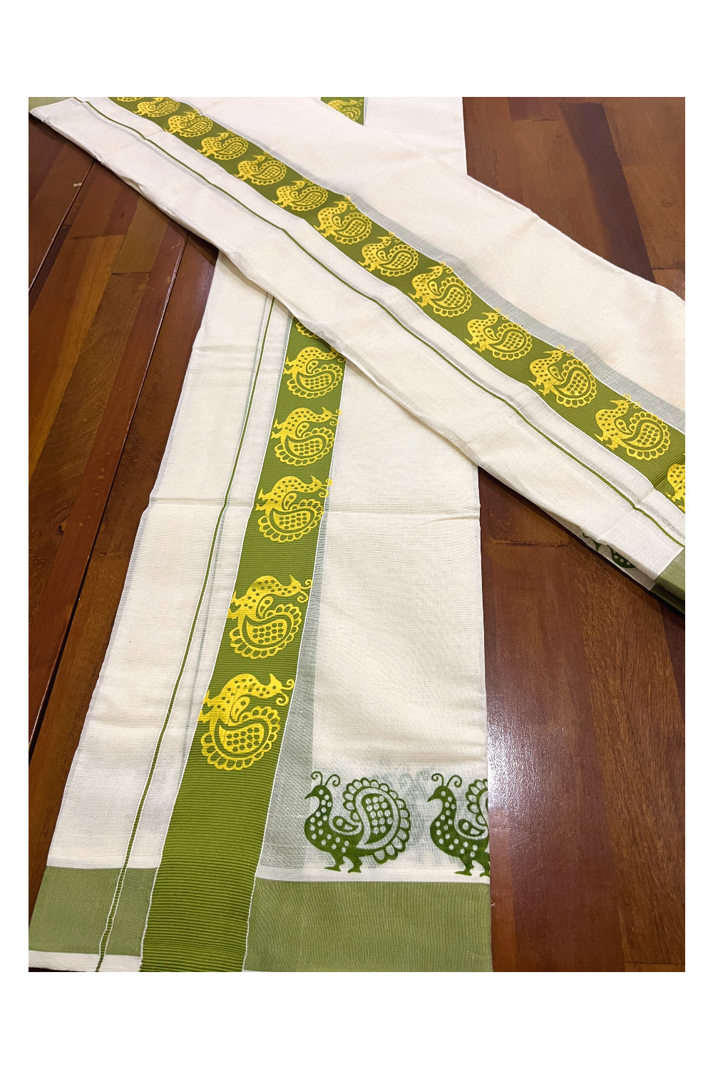 Pure Cotton Single Set Mundu (Mundum Neriyathum Vishu 2023) with Block Prints on Green Border