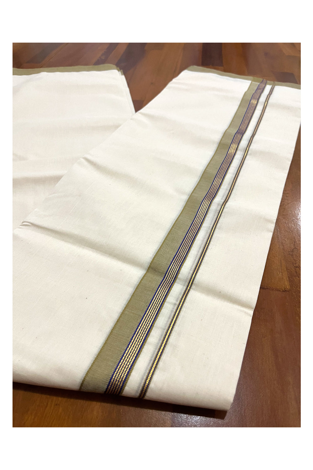 Southloom Premium Handloom Double Mundu with Olive Green and Kasavu Border