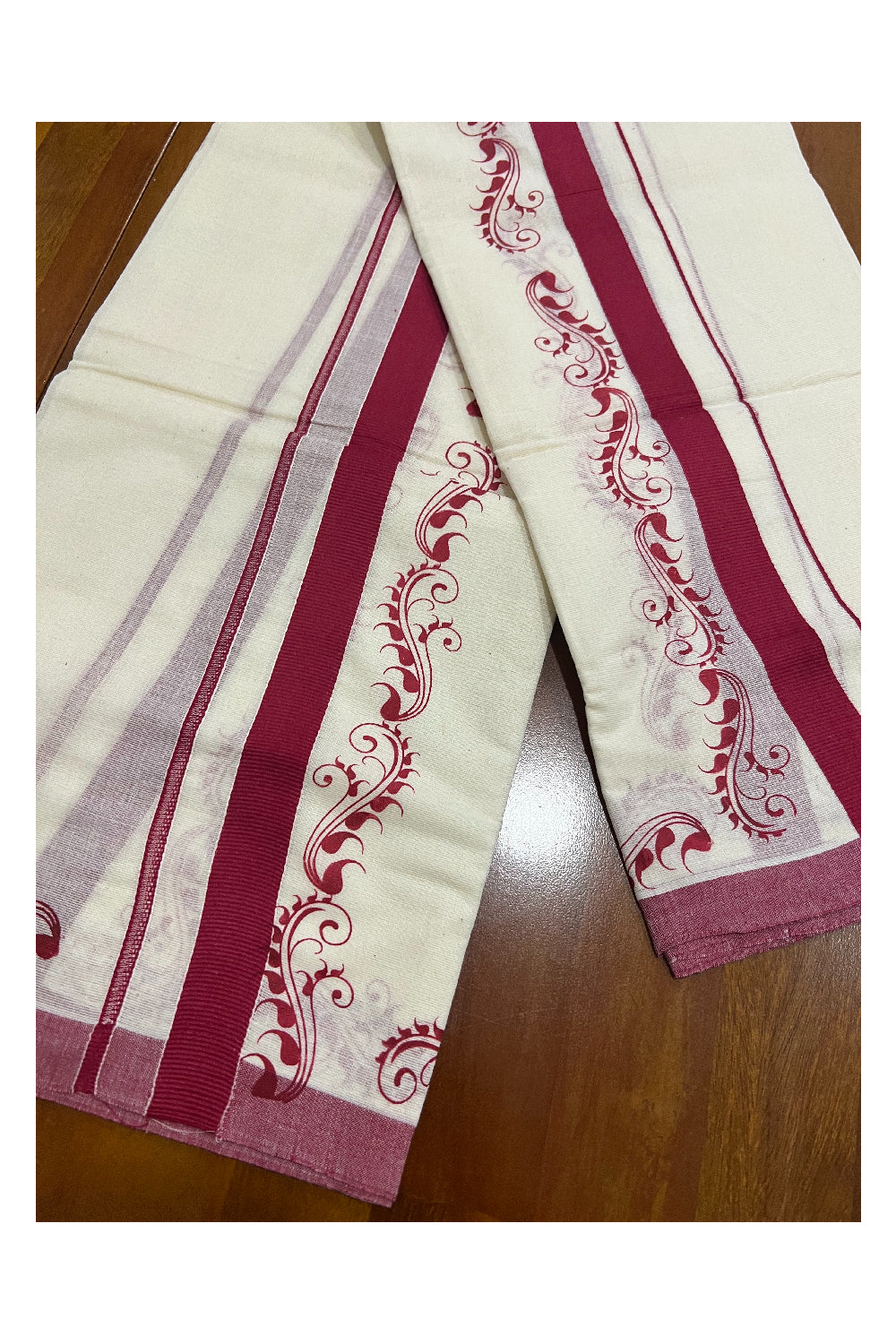 Pure Cotton Set Mundu (Mundum Neriyathum) with Maroon Block Prints on Border