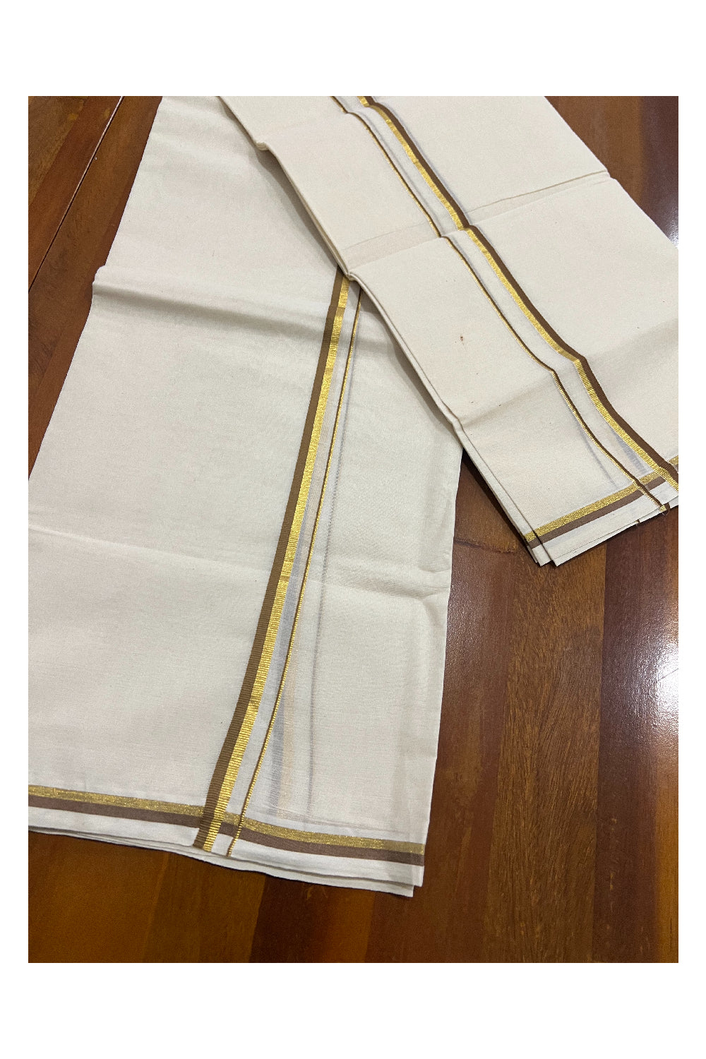 Kerala Cotton Puliyilakkara Set Mundu (Mundum Neriyathum) with 0.5 inch Kasavu and Light Brown Border 2.80 Mtrs