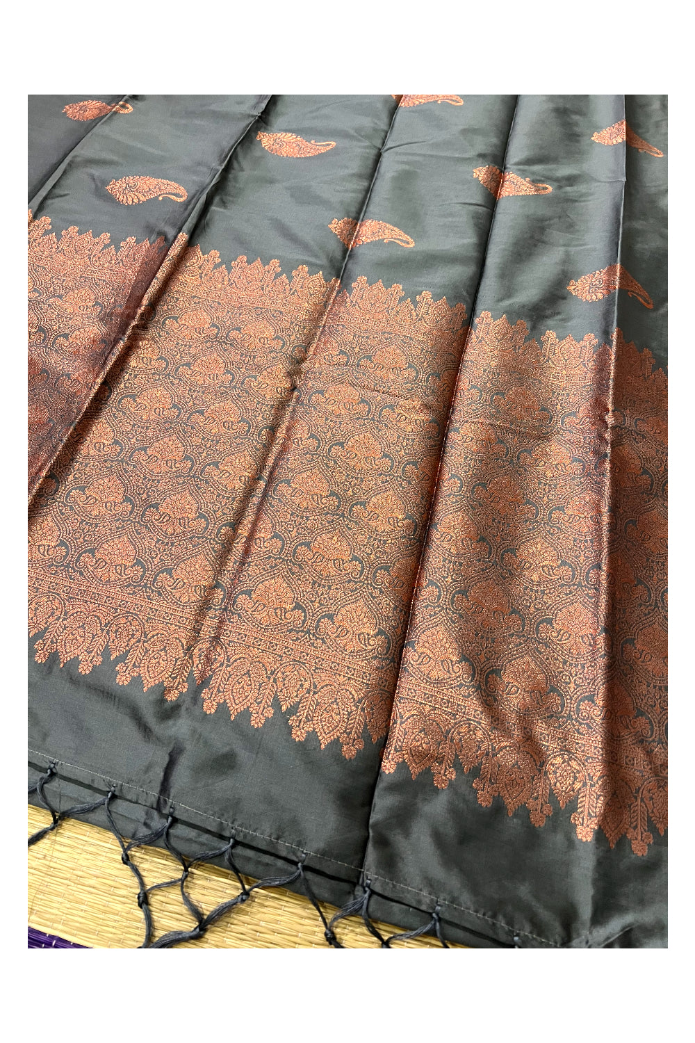 Southloom Grey Semi Silk Designer Saree with Copper Kasavu Woven Works on Body