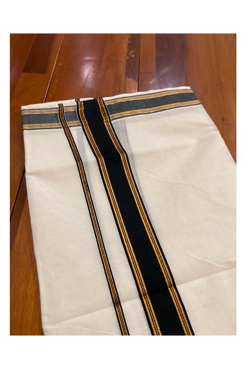 Off White Kerala Double Mundu with Kasavu and Black Border (South Indian Dhoti)