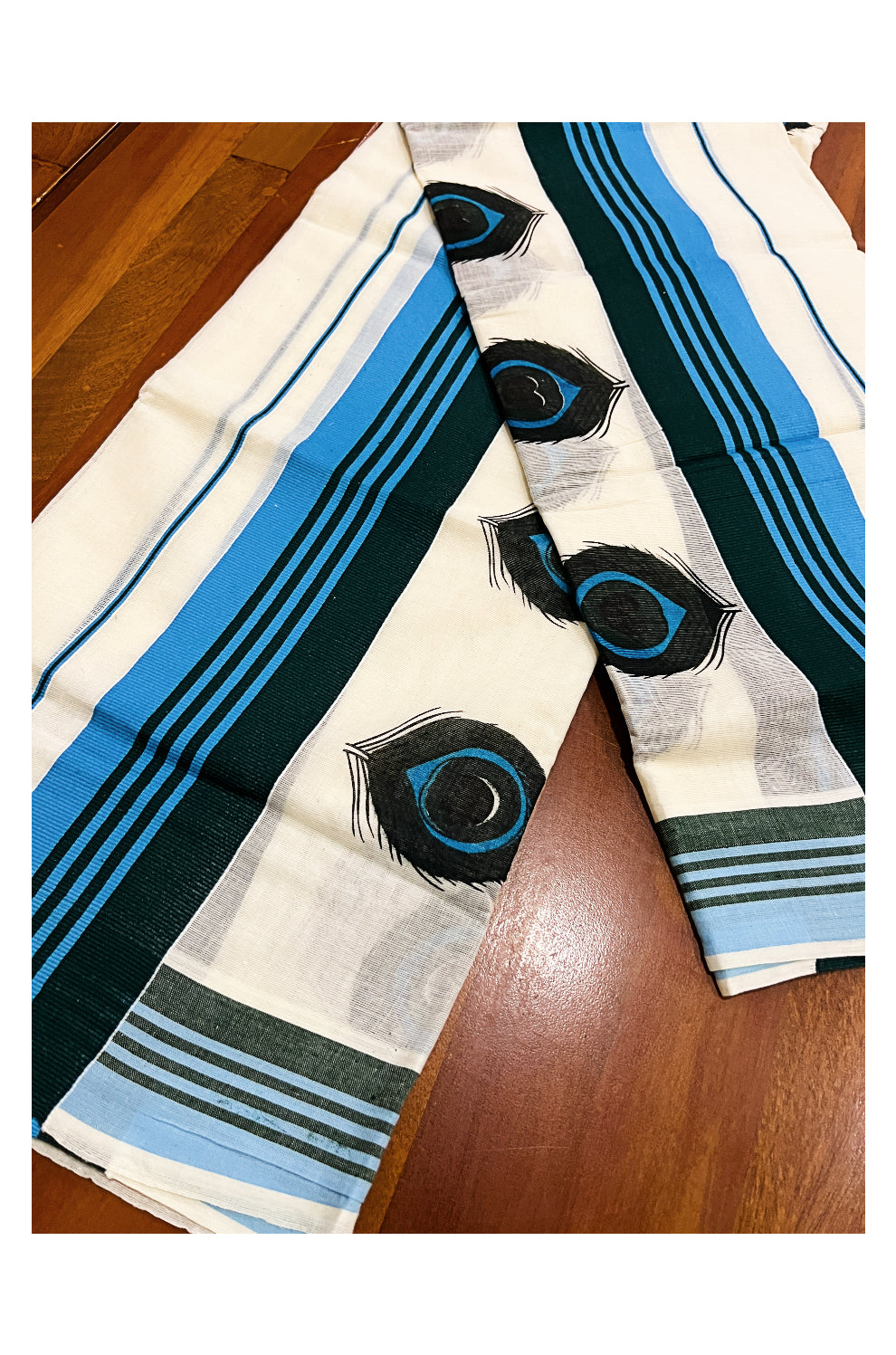 Kerala Cotton Set Mundu (Mundum Neriyathum) with Green Mural Feather Prints and Blue Green Border