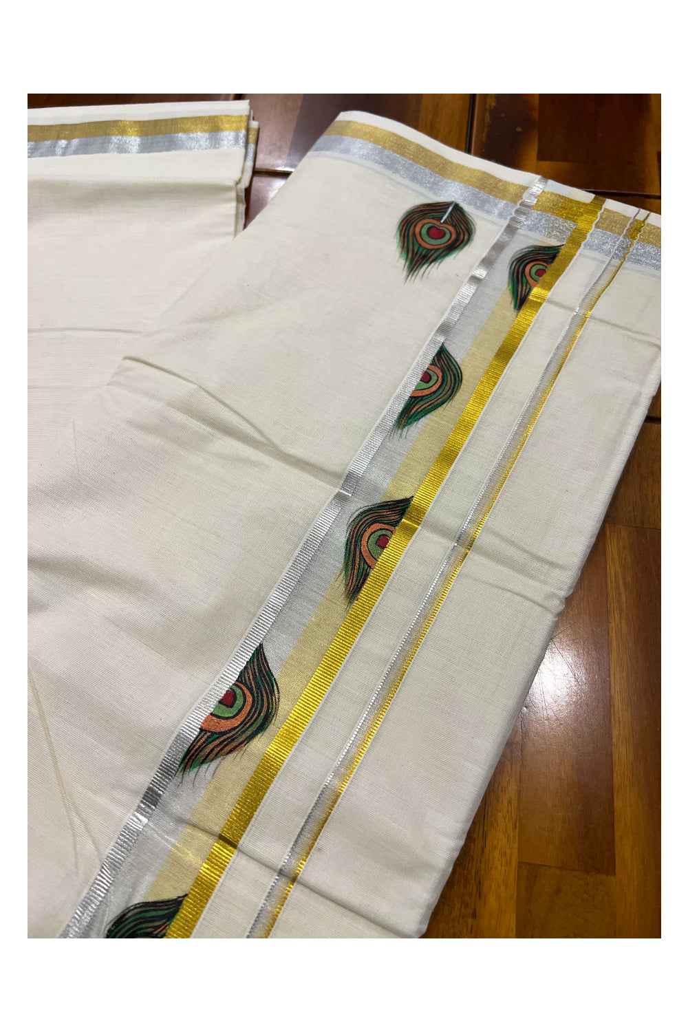 Pure Cotton Silver Golden Kasavu Mundu with Mural Hand Painted Peacock Feather Design (South Indian Dhoti)