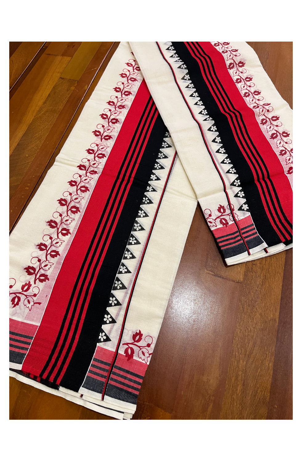 Kerala Cotton Set Mundu (Mundum Neriyathum) with Floral Prints on Black Red Border