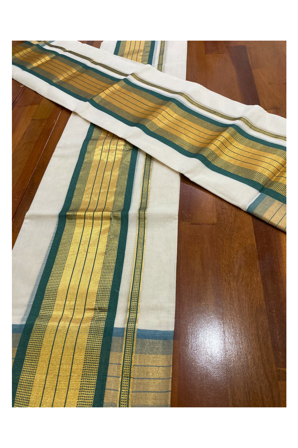 Southloom Premium Handloom Set Mundu with Kasavu and Green Border 2.80 Mtrs