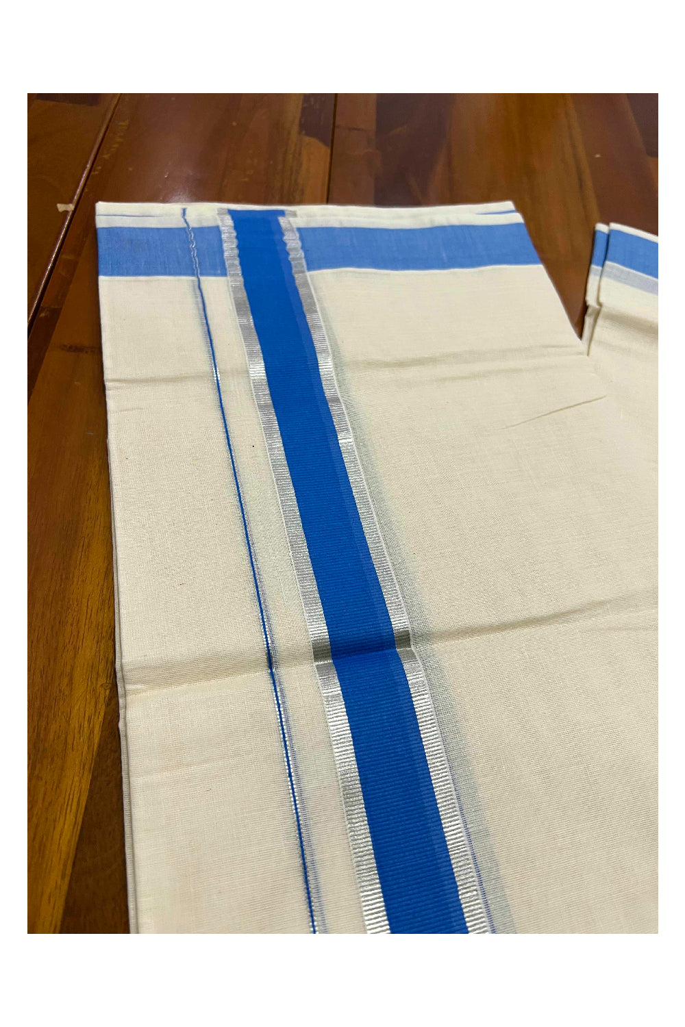 Off White Kerala Double Mundu with Silver Kasavu and Blue Border (South Indian Dhoti)