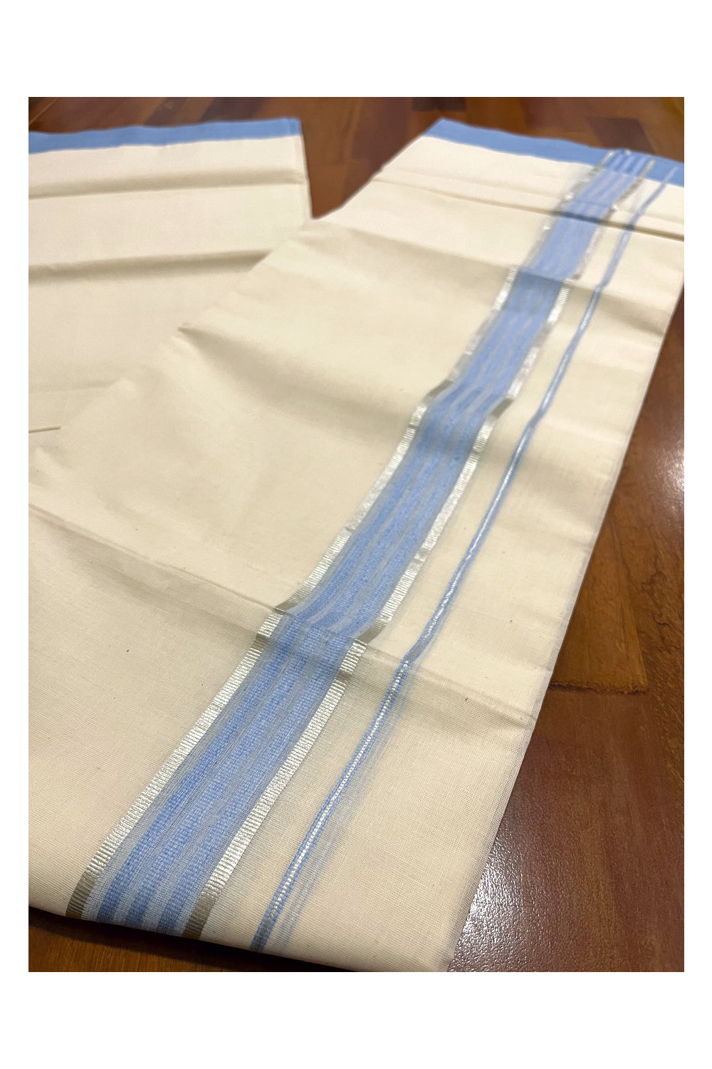 Pure Cotton Off White Double Mundu with Silver Kasavu and Blue Border (South Indian Dhoti)