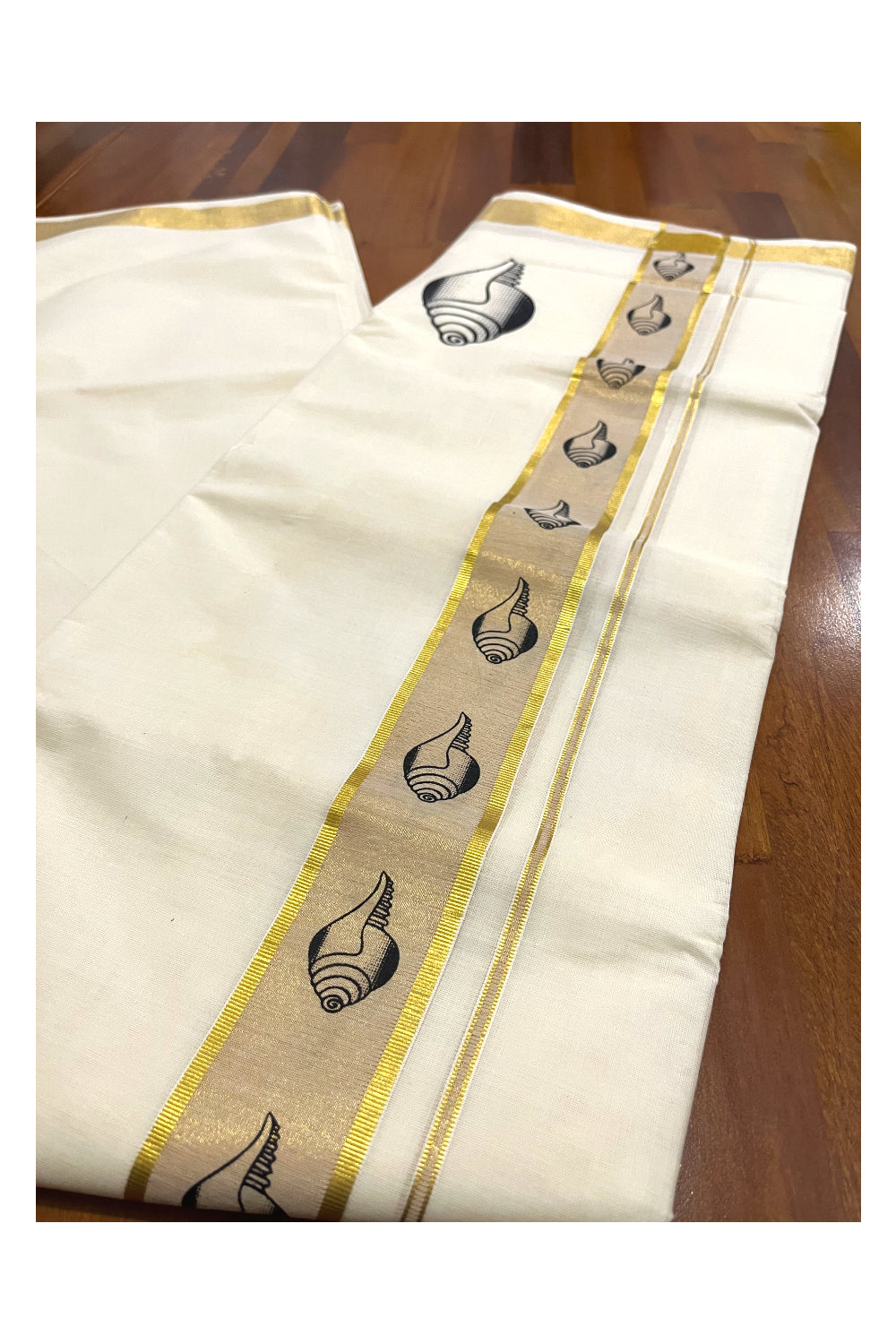 Pure Cotton Off White Double Mundu with Black Block Prints on Kasavu Kara (South Indian Dhoti)