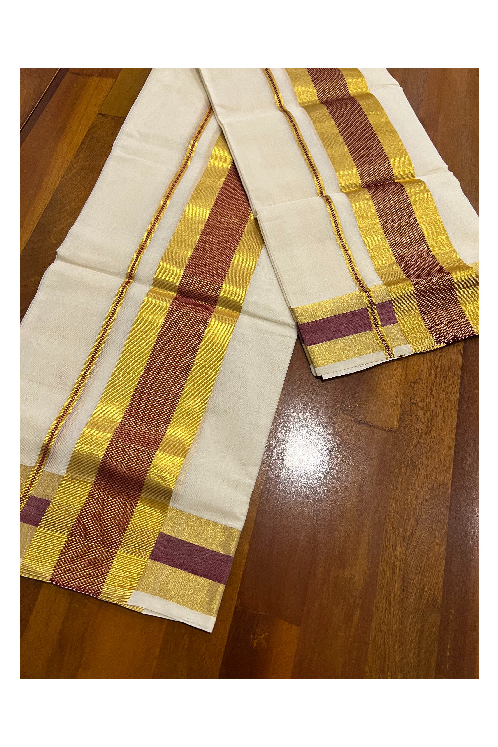 Southloom Premium Handloom Set Mundu with Kasavu and Dark Red Border 2.80 Mtrs