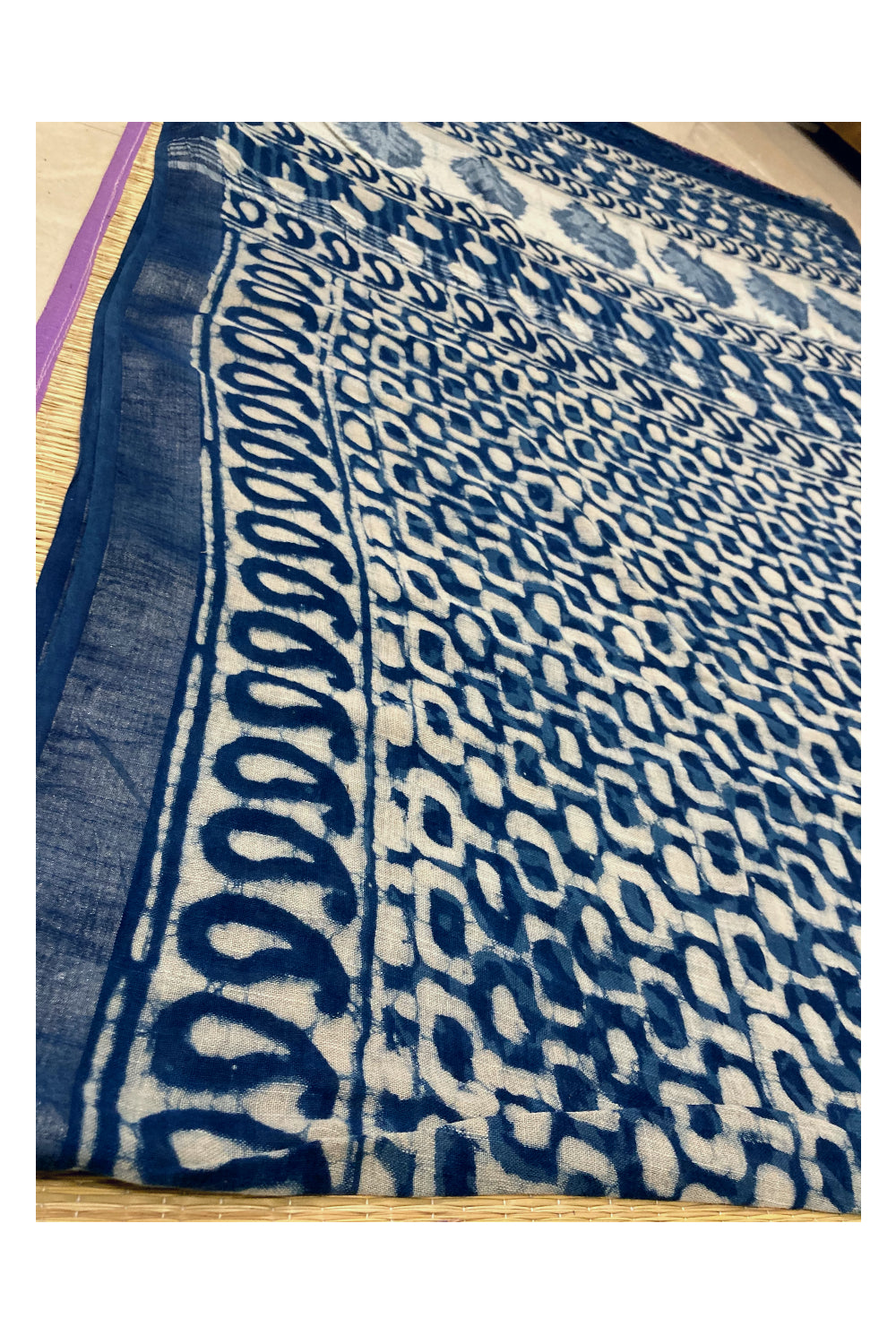 Southloom Linen Indigo Blue Saree with White Designer Prints and Tassels on Pallu