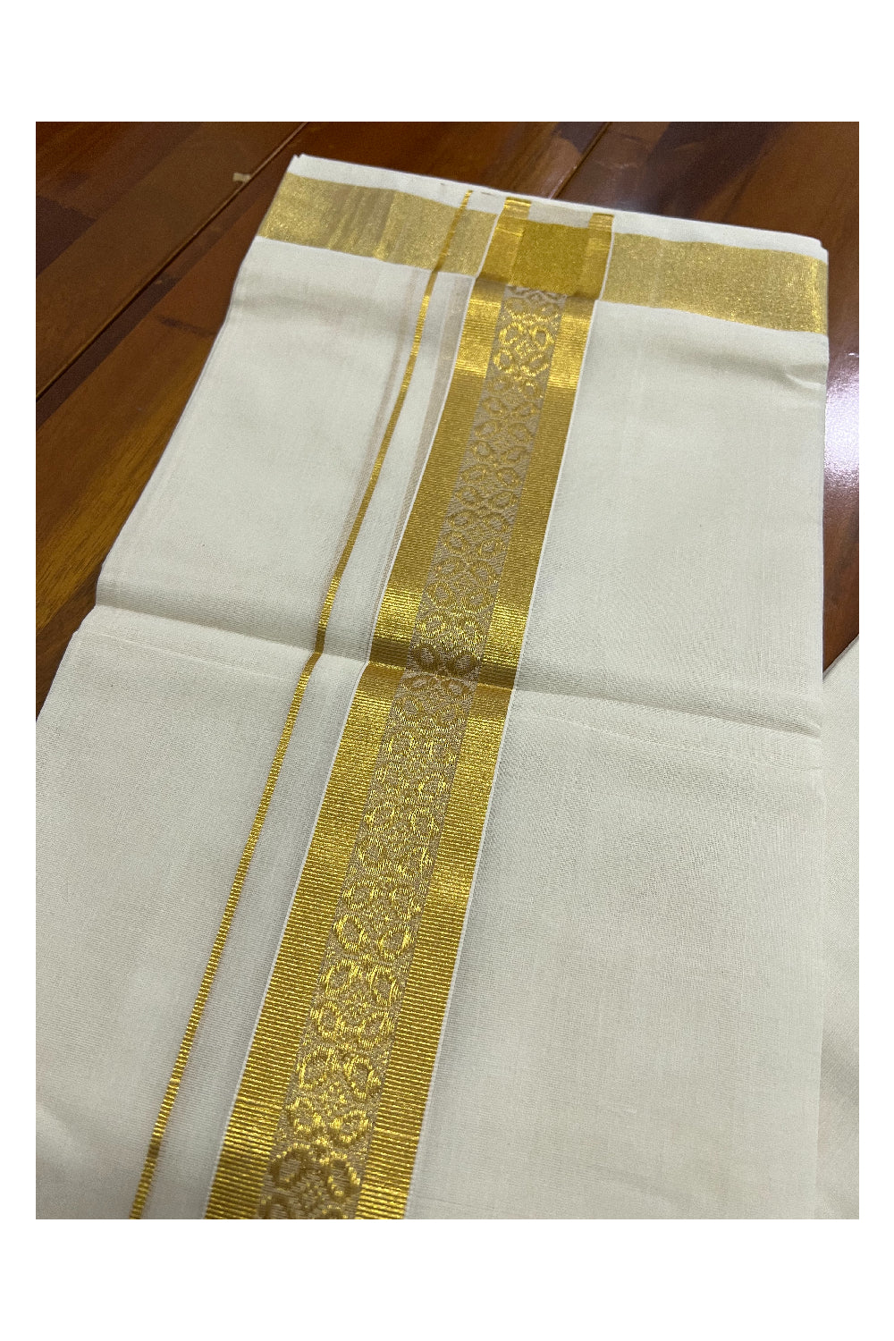 Southloom Balaramapuram Handloom Pure Cotton Wedding Mundu with Kasavu Woven Floral Design Border (South Indian Dhoti)