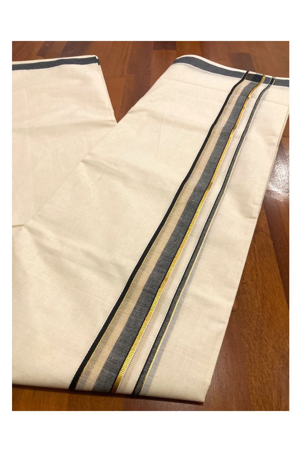 Pure Cotton Kerala Double Mundu with Kasavu and Black Border (South Indian Dhoti)