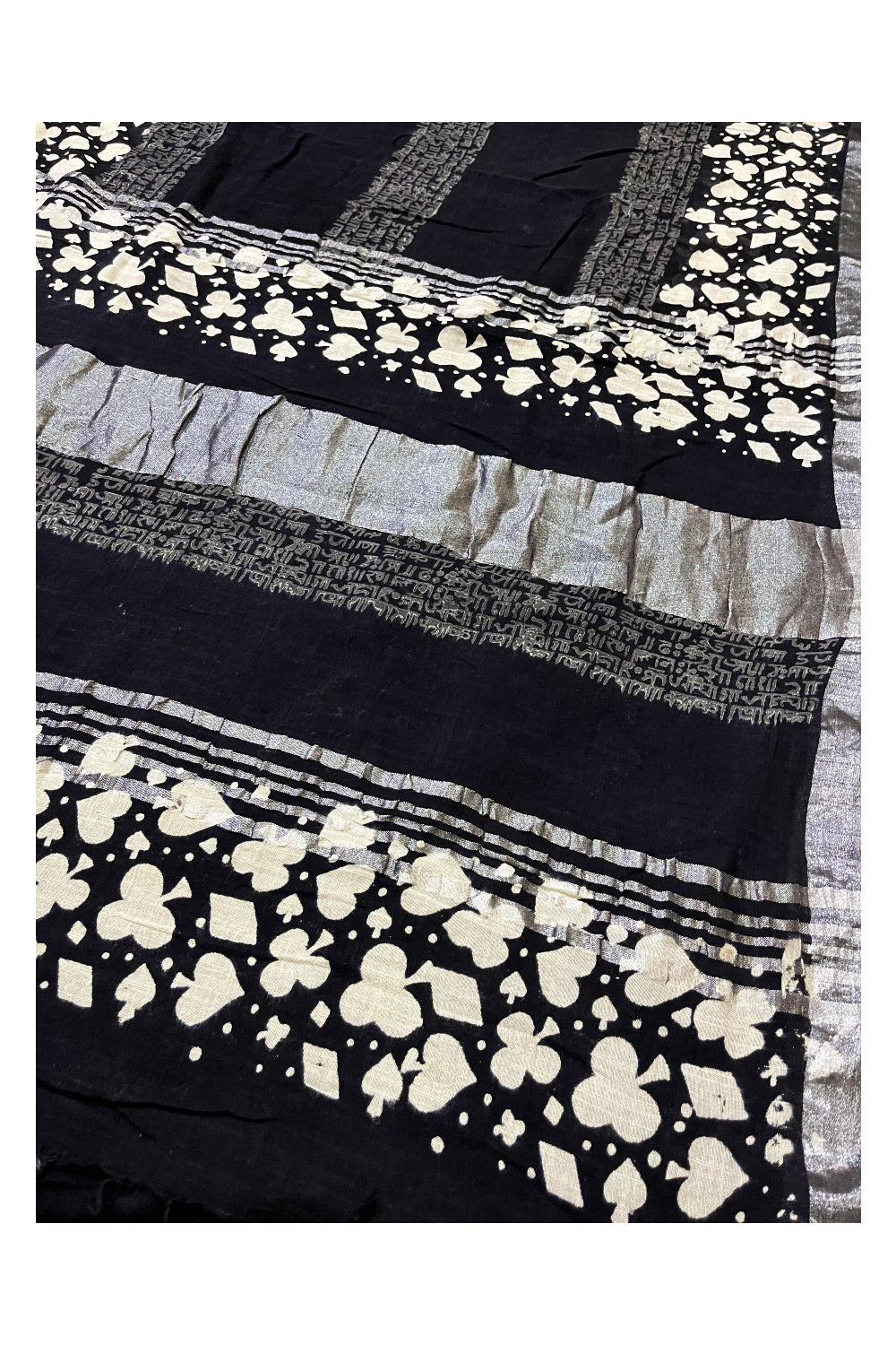 Southloom Linen Designer Black Saree with White Prints and Tassels Works