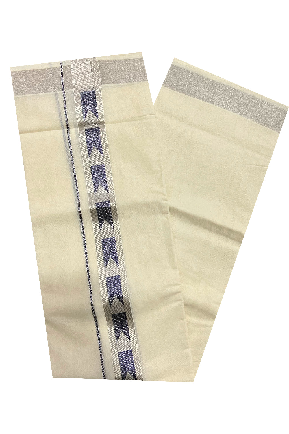 Southloom Premium Handloom Pure Cotton Wedding Mundu with Silver Kasavu and Violet Woven Kara (South Indian Dhoti)