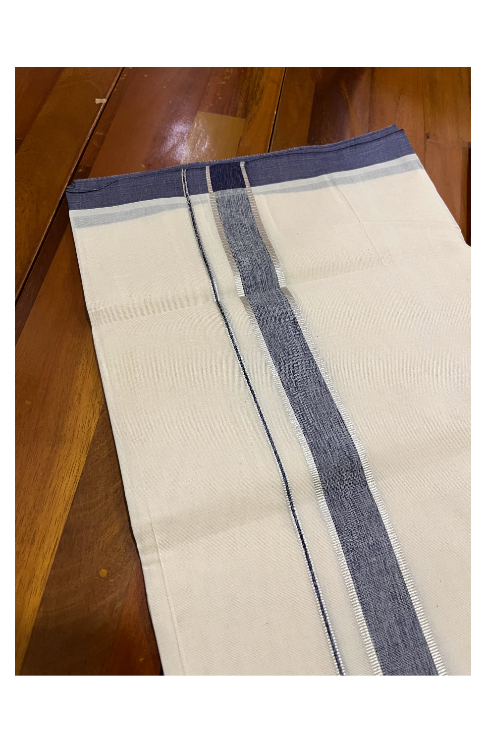 Pure Cotton Off White 100x100 Double Mundu with Silver Kasavu and Blue Border (South Indian Dhoti)