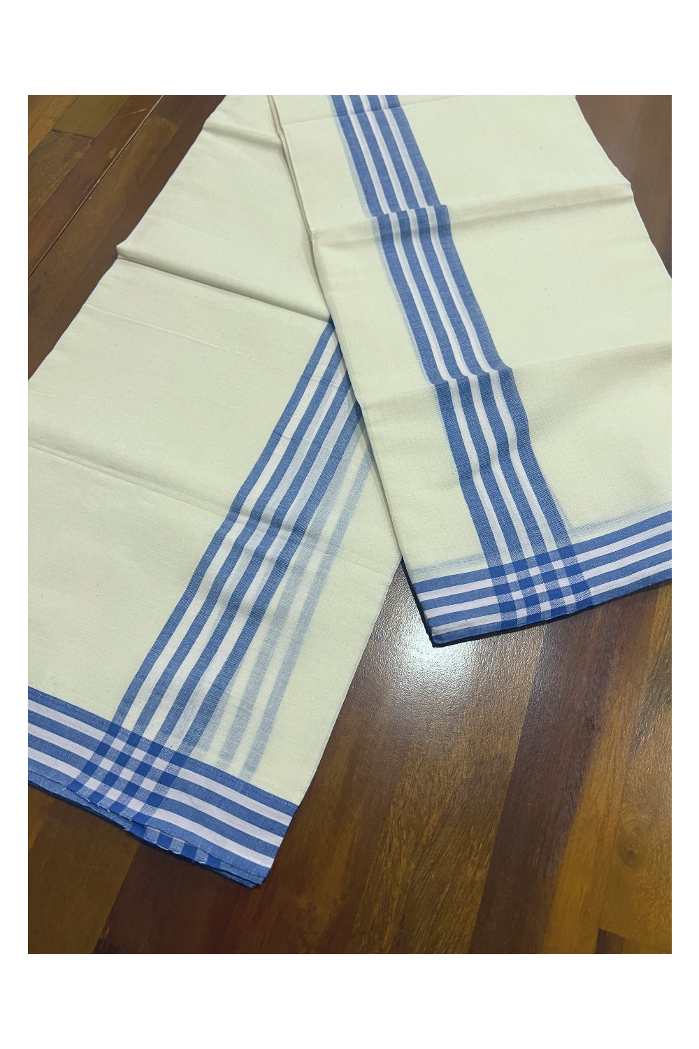 Kerala Cotton Mundum Neriyathum Single (Set Mundu) with Blue and White Mulloth Border (Extra Soft Cotton)