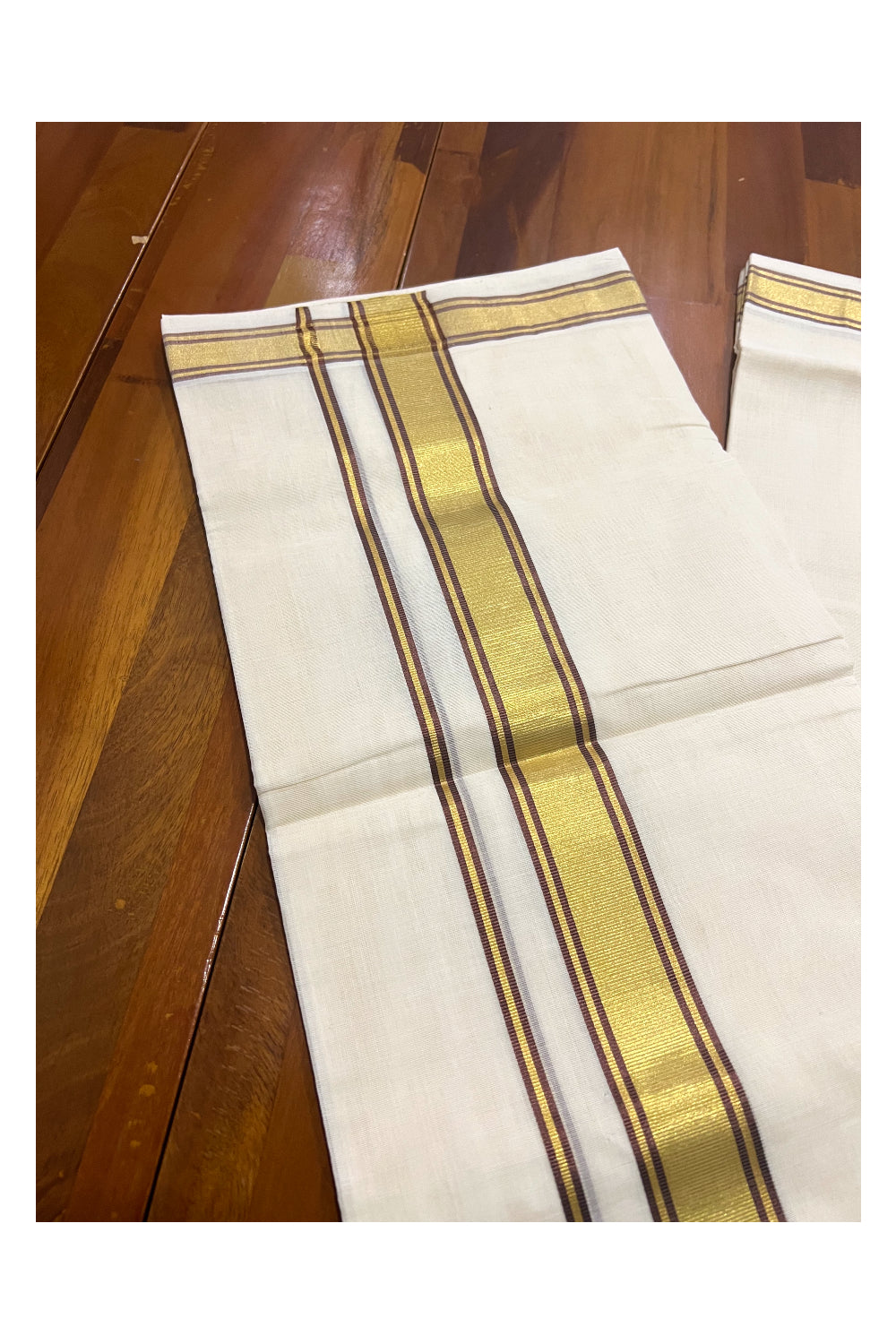 Southloom Premium Handloom Pure Cotton Mundu with Golden and Brown Kasavu Border (South Indian Dhoti)